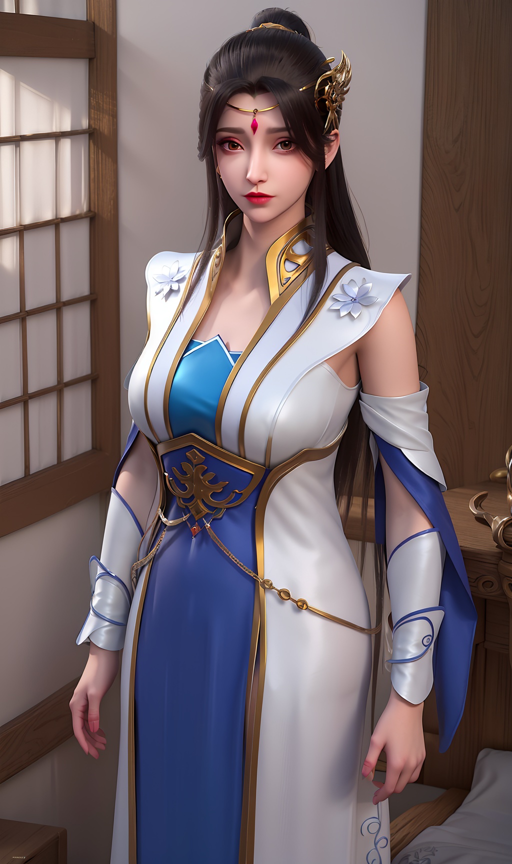 3D,masterpiece,(best quality),(makeup),official art, extremely detailed cg 8k wallpaper,((crystalstexture skin)), (extremely delicate and beautiful),(highly detailed),(face),(tiara),(collar),(tiara),(long_sleeves)(1girl), (solo), (jewelry), (earrings),(black_hair),(long_hair),(hair_ornament),(handwear),(breasts),(standing),((upper_body)),((long_legs)),(dress),(closed_mouth),(long_dress),(long_skirt),,(chinese_clothes),(multicolored_clothes),(multicolored_dress),(shiny_clothes),(city,indoor,bed),(wristband),,((looking_at_viewer)),((Facing the camera)),, <lora:hipoly3DModelLora_v10:0.3>