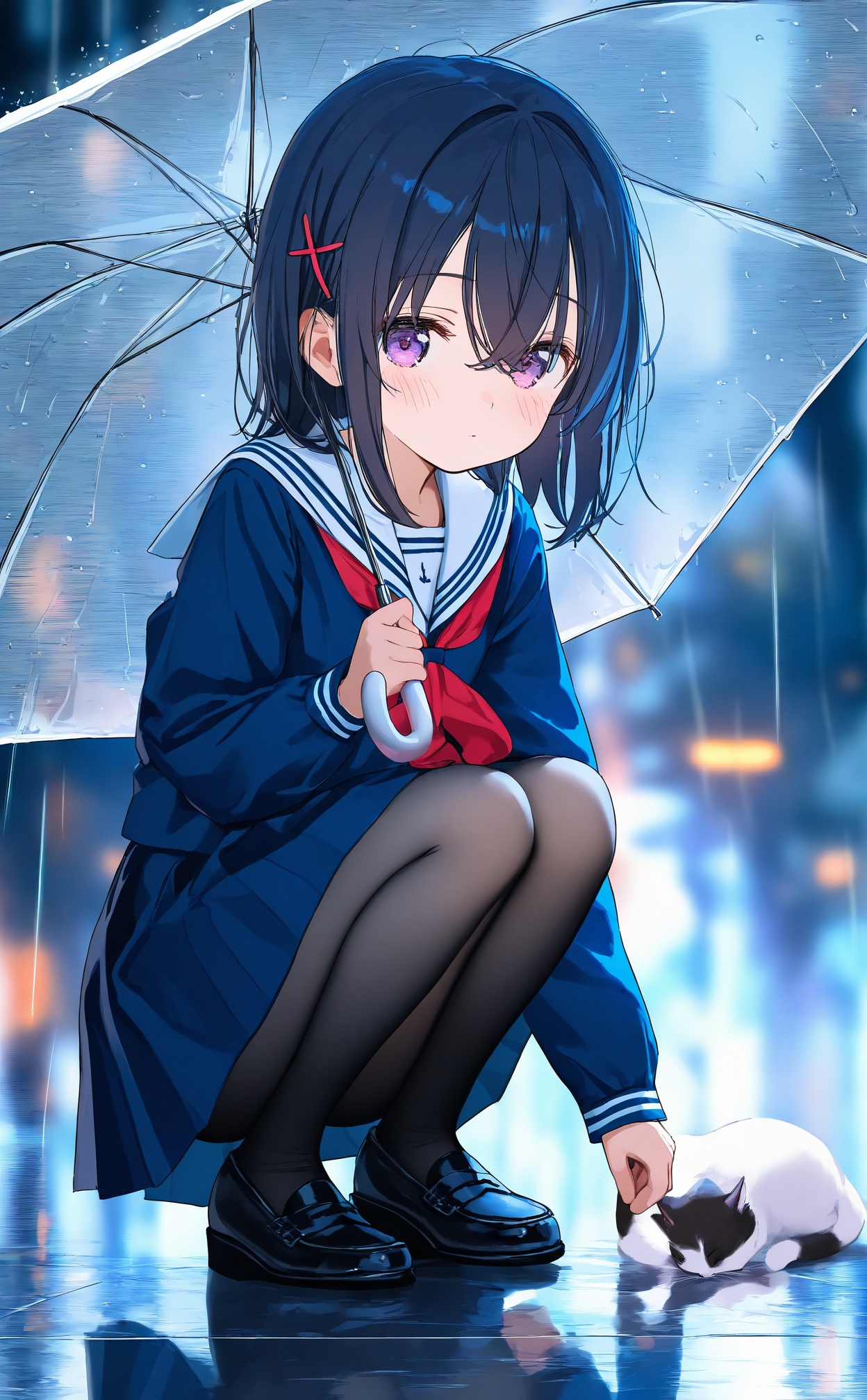 masterpiece,very awa,highres,newest,best quality,high quality,loli,chromatic_aberration,Light Blue Theme,//,1girl,squatting,cat,transparent,umbrella,pantyhose,transparent umbrella,school uniform,holding umbrella,holding,hair ornament,skirt,purple eyes,sailor collar,serafuku,blue skirt,looking at viewer,white sailor collar,neckerchief,rain,black pantyhose,black footwear,red neckerchief,shirt,pleated skirt,black hair,loafers,x hair ornament,shoes,long sleeves,outdoors,solo,blue shirt,blue serafuku,medium hair,hair between eyes,hairclip,animal,closed mouth,crossed bangs,blurry,blush,reflection,blue hair,blurry background,full body,reflective floor,short hair,water drop,//,year_2023,year_2024,//,official art,depth of field,detailed light,blurry background,cinematic lighting,ray tracing,ultra detailed,god rays,backlighting,photo background,chromatic aberration,volumetric lighting,depth of field,blurry background,cinematic lighting,very aesthetic,