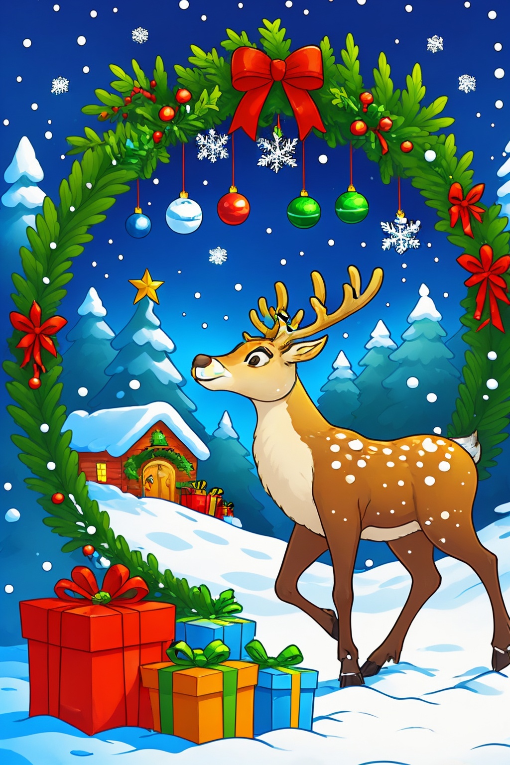 miluo_sdch,Christmas theme, snow, gifts, Christmas, tree, pine tree, Christmas tree, solo, reindeer, antlers, night, wreath, sky <lora:米洛丨圣诞插画sd1.5-v1.0:0.8>