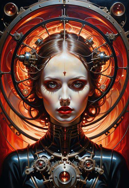 Portrait of strange figure lurking,  optical wavelentgh,  encircled by a magical mechanical array with tubular relays on T...