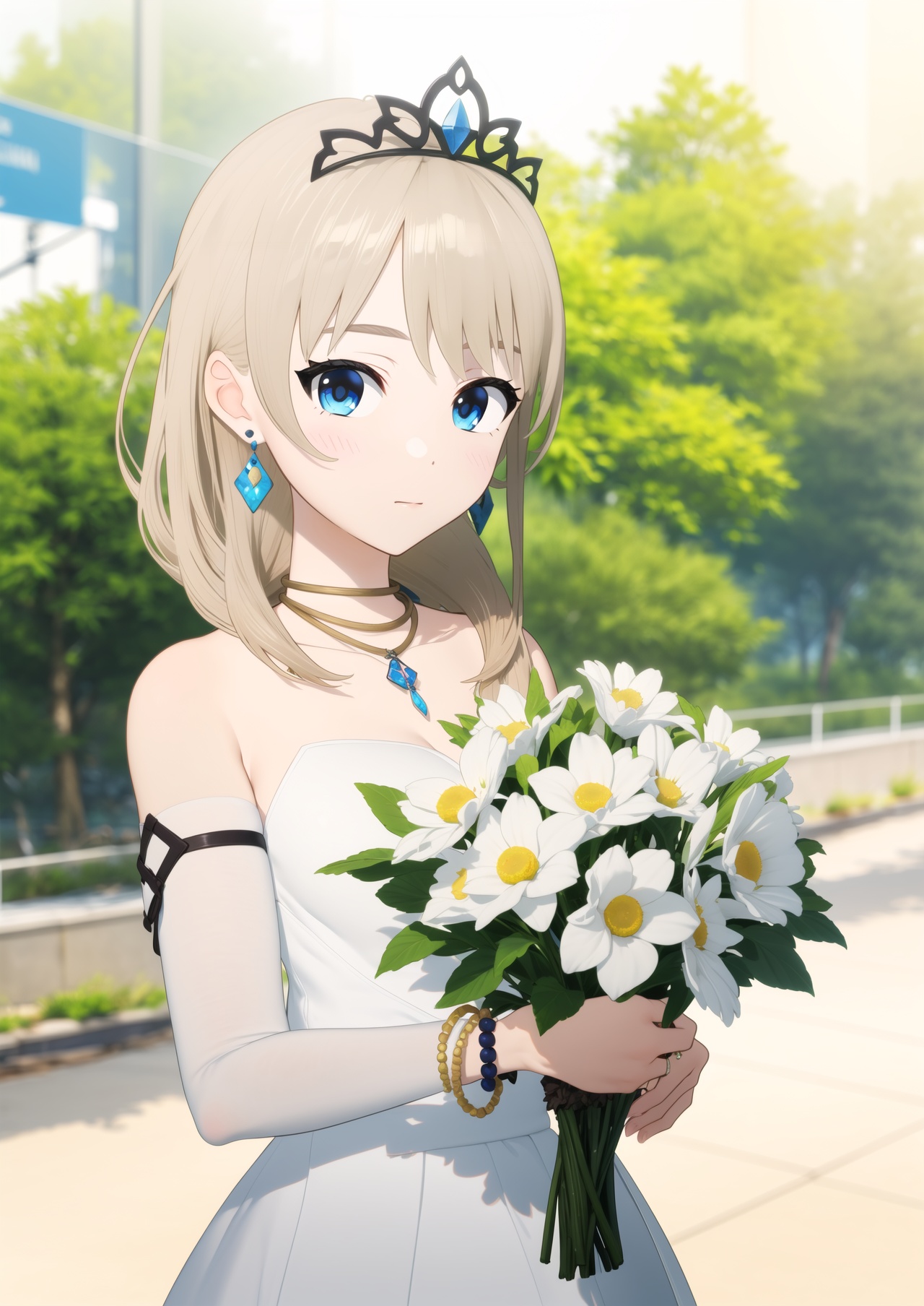 masterpiece,best quality,1girl,jewelry,solo,flower,blurry background,wings,blurry,dress,holding,blue eyes,bouquet,ring,long hair,earrings,detached sleeves,white dress,looking at viewer,holding flower,blonde hair,necklace,bare shoulders,holding bouquet,bracelet,fairy wings,hair ornament,tiara,white flower,beads,fairy,depth of field,(front view:1.2),(looking_at_viewer:1.2),(eye-contact:1.2),