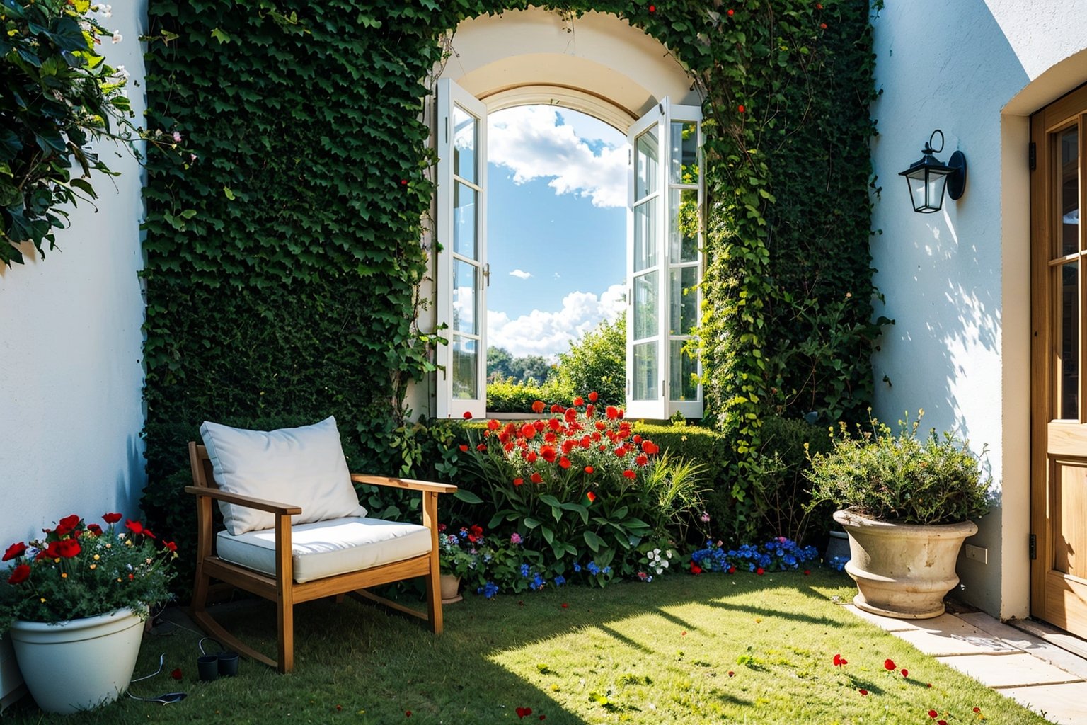 flower, outdoors, sky, day, cloud, tree, blue sky, no humans, window, leaf, chair, grass, plant, red flower, building, scenery, door, potted plant, bush, house, garden,HD,16k,