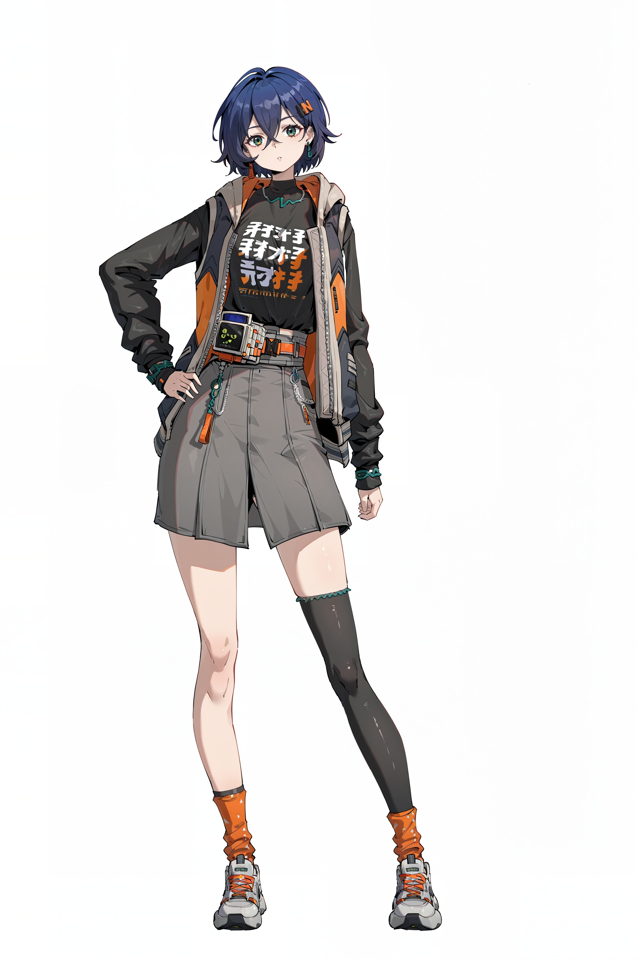 8k,best quality,masterpiece,(ultra-detailed),(high detailed skin),<lora:gunan-ill-Tanger:0.9>,(artist: guomangufeng:1.1),full body,full shot,standing,looking at viewer,(solo:1.2),simple background,(white background:1.2),hand on own hip,(white background:1.1),<lora:zhelinew-ill-Tanger:0.8>,Belle \(Zenless Zone Zero\),clothes: Belledef  black-and-yellow jacket,dark blue hair,1girl,Belledef grey skirt,blue hair,shirt,single black thighhigh,hair ornament,belt,bangs,hair between eyes,sneakers,single thighhigh,