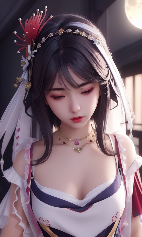 (,1girl, ,best quality, )<lora:362-DA-神印王座-女使大人:0.7>,,ultra detailed background,ultra detailed background,ultra realistic 8k cg, ,masterpiece, (( , )),ultra realistic 8k cg, ,tamari \(flawless\),     ,spider lily,full moon (()), (),