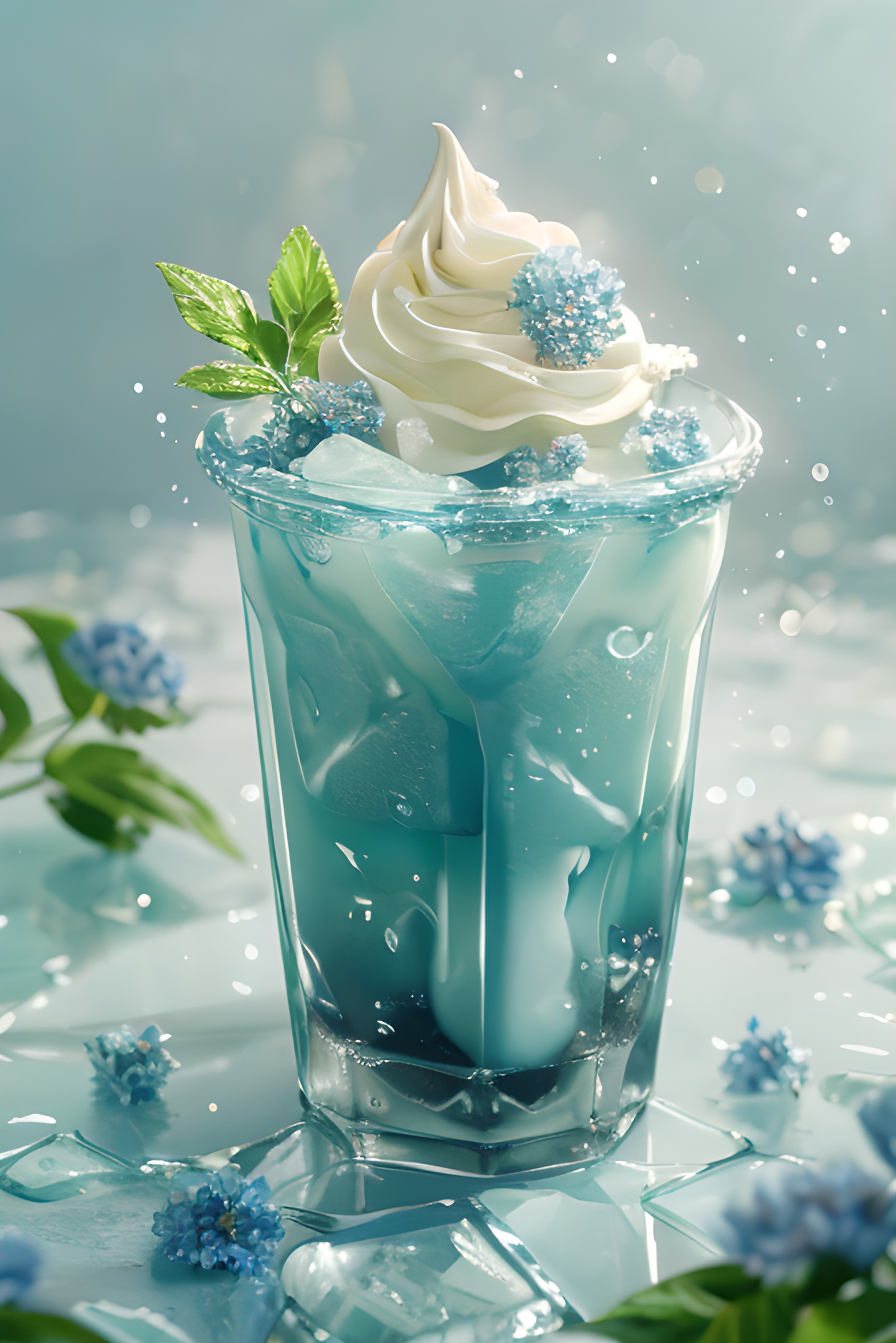 (Shooting blockbusters:1.6),(Masterpiece, High Quality, Superior Quality, Official Art, Beauty  and  Aesthetics): 1.2),( a cup surrounded by Crushed ice blue flowers:1.2), milky transparent water, product poster, ( Crushed Ice Blue),Gradient Purple, simple, clean light color background, ray tracing, foreground occlusion, natural light, jungle, c4d, oc rendering, product photography ,(There are a lot of ice cubes next to the cup:1.2)<lora:20240228-1709100055188:0.66>Cool feeling,Ice World