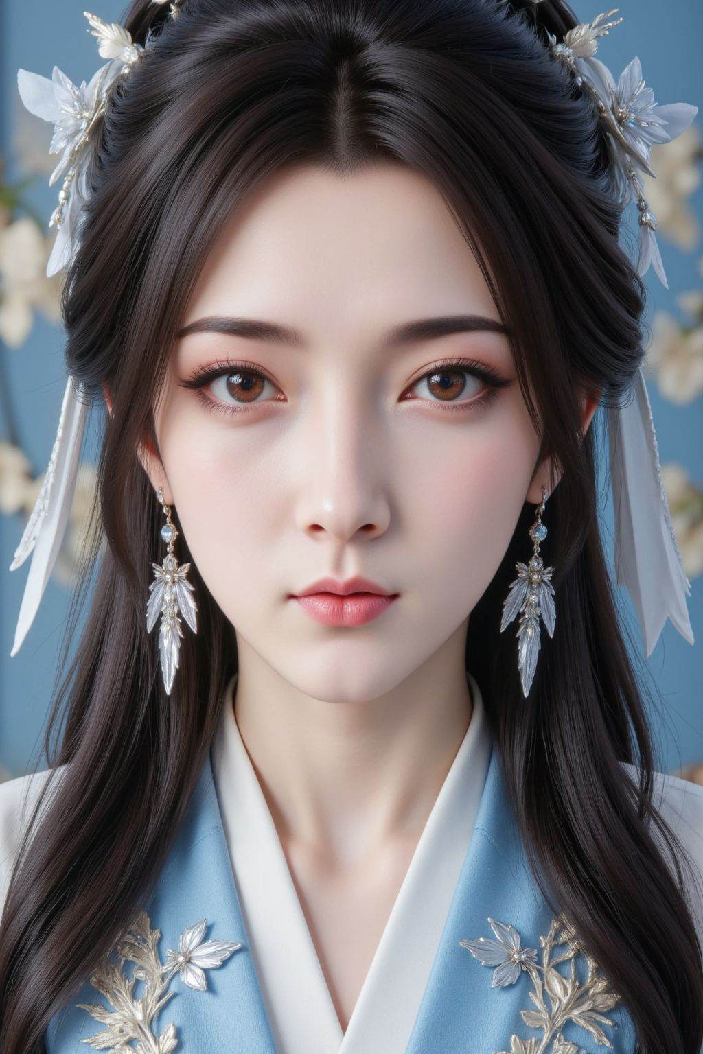 Close-up of an Asian woman with long black hair. Dressed in a blue kimono,  decorated with intricate designs. The woman's...