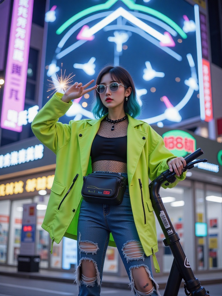 A mid-shot captures an Asian woman standing under a holographic billboard,wearing an asymmetrical cut fluorescent green leather jacket with a black fishnet undershirt. A real-time social data projection hovers over the left shoulder of her jacket. She stands on a shared electric scooter with one foot,holding reflective sunglasses in her right hand and making a "V" sign with her left hand,where AR special effects sparks burst from her fingertips. Rips in her ripped jeans reveal smart temporary tattoos displaying fluctuating heartbeat curves,and a multi-functional fanny pack hangs from her waist,containing a foldable keyboard. The blurred background shows the reflection of a convenience store glass showcasing the 3M reflective strips on her magnetic heel boots,while a swarm of drones above form dynamic arrows to guide direction,and her hair is highlighted with circuit board blue that stands out under the neon lights.,