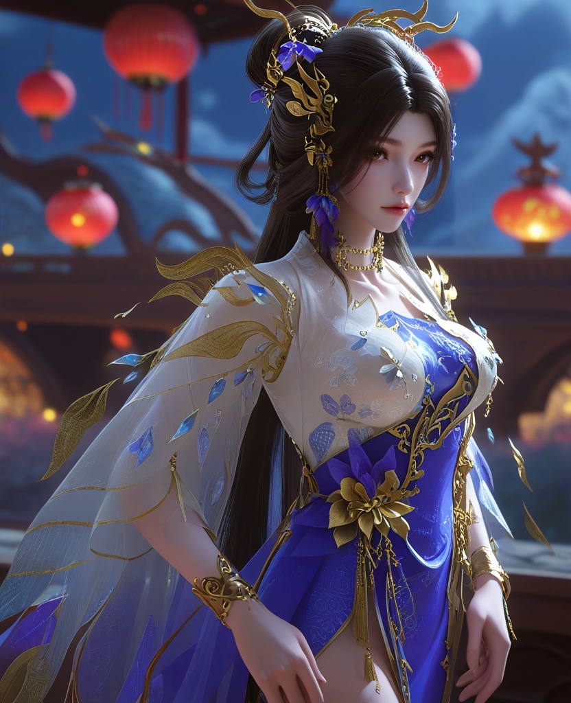 (oriental architecture, elegant decor, sophisticated style:1.1),(On her side, arms outstretched behind her:1.1),(From behind, highlighting the back of the subject and their environment:1.1),(large breasts:1.2),<lora:XL16云深不知梦羲和第19集揽月湖:0.95>,miss xihe,white crop top,violet and blue tiered dress,brown eyes,black hair,long hair,draped looped buns,hair ornament,jewelry,earrings,bracelet,lantern,, score_9,score_8_up,score_7_up,score_6_up,score_5_up,score_4_up,3d rendering,tag1,tag2, Cinematic Lighting,backlighting,