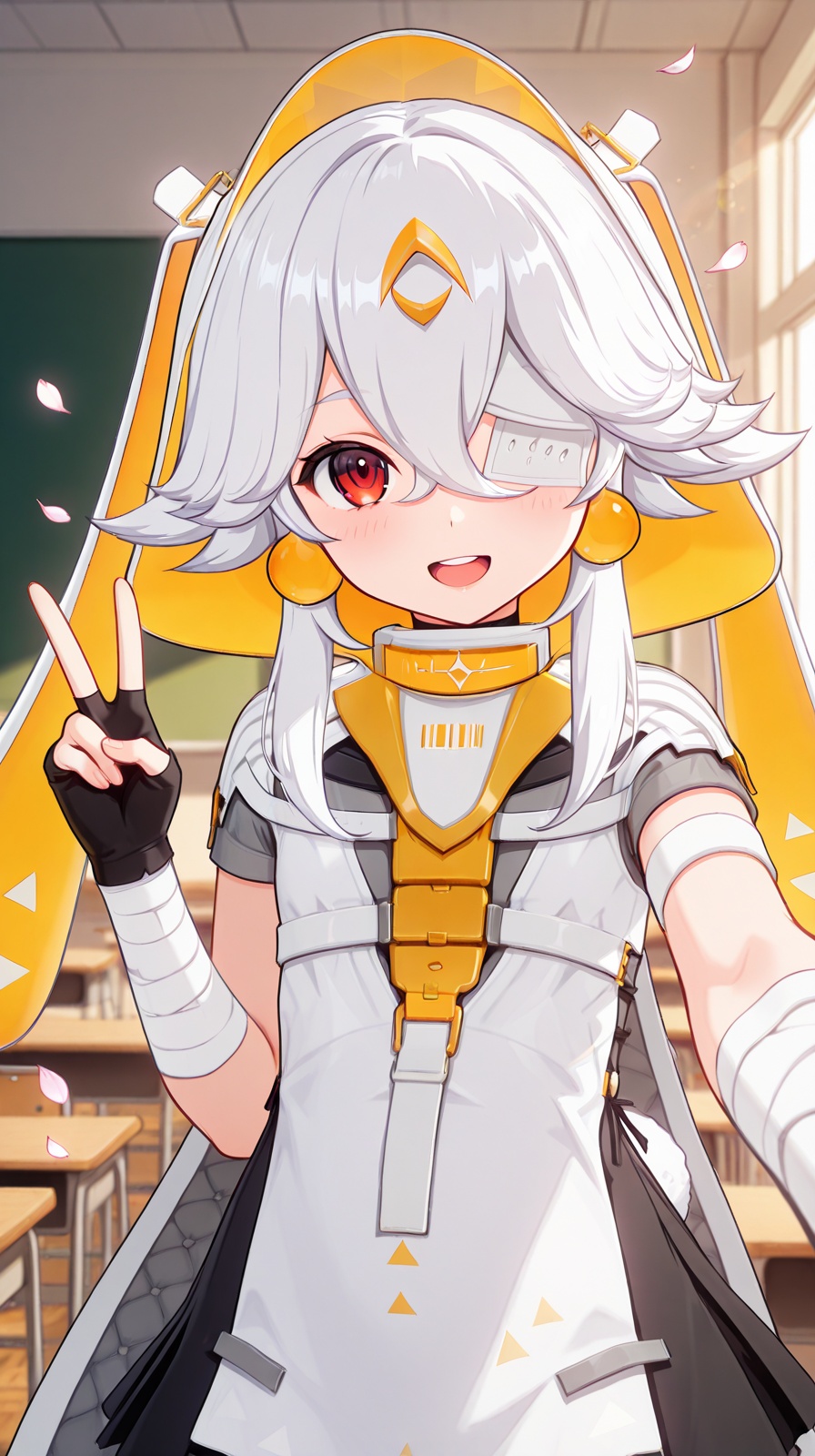 huge filesize,colorful,Volumetric Lighting,available light,moody lighting,rim light,masterpiece,best_quality,amazing_quality,highly_detailed,very_aesthetic,1girl,solo,long hair,ahoge,bangs,red eyes,hair over one eye,short hair,white hair,wintails,hair ornament,hood,rabbit hood,eyepatch,animal hood,hood up,animal ears,rabbit ears,rabbit tail Behind the clothes,earrings,jewelry,skirt,dress,short dress,white dress,black skirt,gloves,short sleeves,bandages,bandaged arm,fingerless gloves,looking_at_viewer,bandaid,bandaged arm,<lora:蕾贝13:1>,falling petals,little_girl,pentagram,isbn,(upper_body:1.5),(bust:1.4),portrait,dusk,:d,front view,classroom,selfie,v,head_tilt,