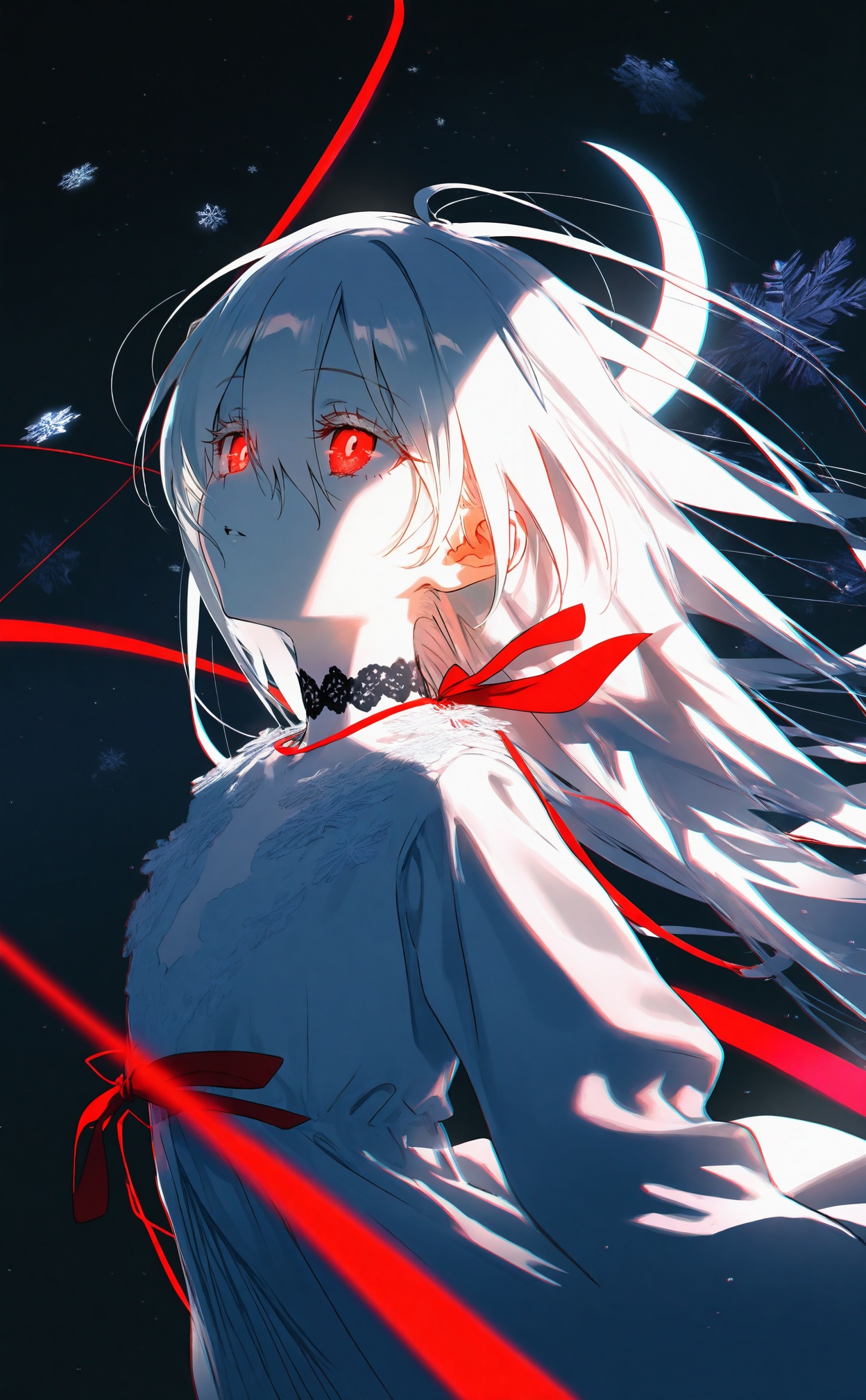 masterpiece,absurdres,best quality,loli,petite,high quality,chromatic_aberration,dark,black theme,//,1girl, white_hair, long_hair, crescent_moon, solo, red_eyes, moon, white_dress, white_skin, pale_skin, ahoge, upper_body, parted_lips, from_side, dress, albino, hair_between_eyes, red_ribbon, choker, snowflakes, star_\(sky\), floating_hair, crescent, colored_skin, bow, bowtie, long_sleeves, ribbon, sky, night, white_theme, glowing, lace_trim, string, black_choker, night_sky, very_long_hair, sidelocks, starry_sky, red_bow, lace, looking_ahead//,<lora:degrees_25——【CKXL】hans:1>,
