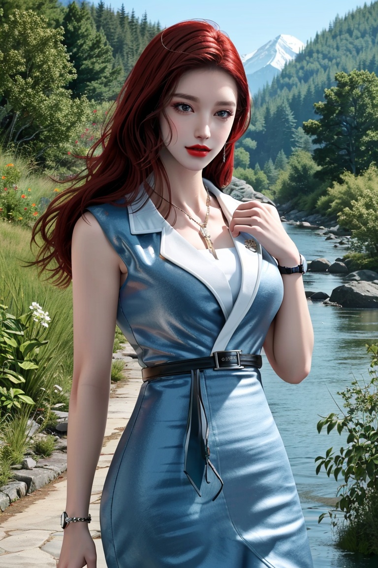 (HRD, HUD, 8K),(masterpiece, best quality), highly detailed,1girl, solo, makeup, lipstick, lips, red lips, breasts, medium breasts,sleeveless, belt, watch, wristwatch, bracelet,day, sunlight, sun, mountain, river, (cowboy shot), (looking at viewer), standing, <lora:ZZ:0.8>