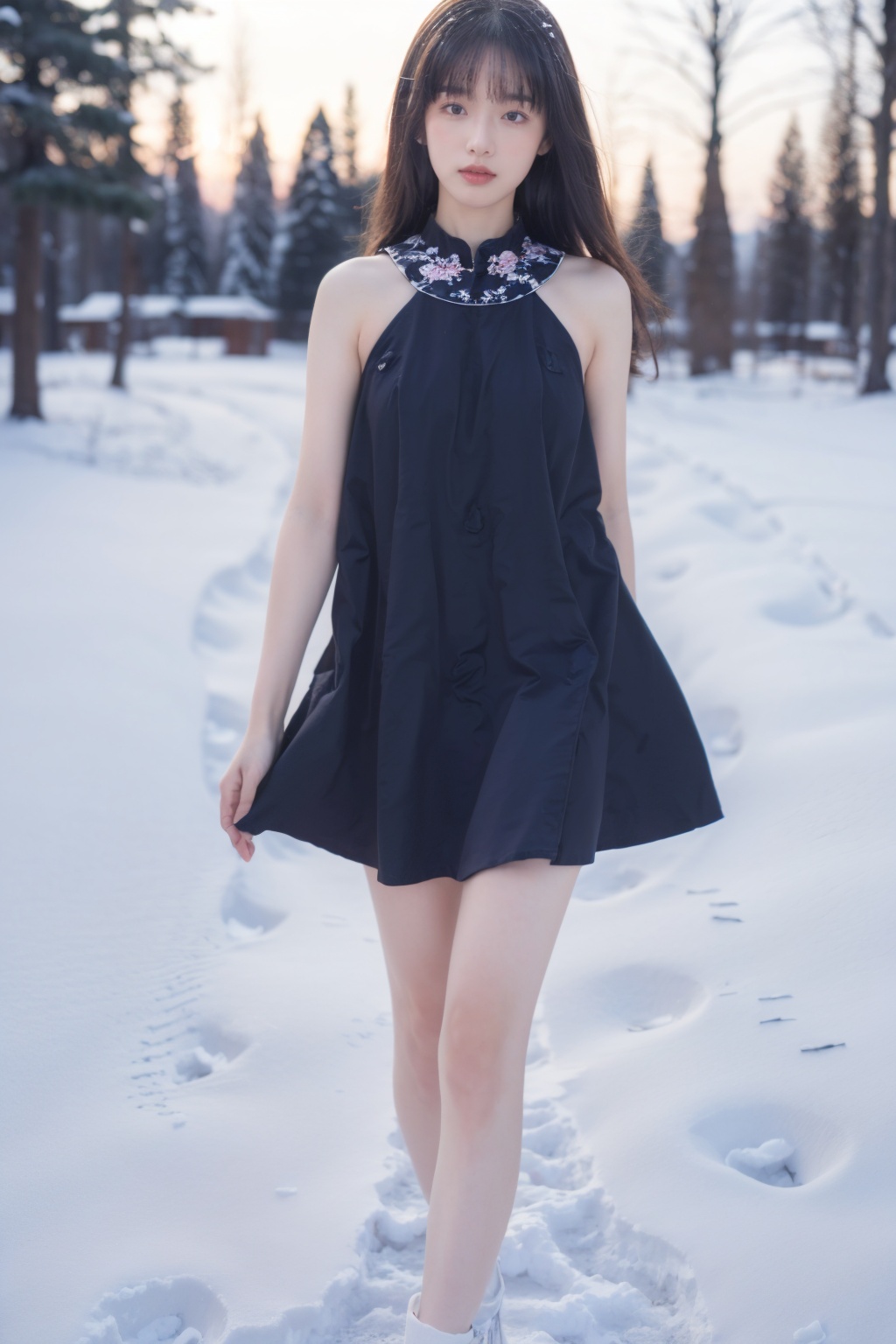 Realistic,(masterpiece:1.2),best quality,8K,HDR,RAW,depth of field,blurry,1girl,( long hair,delicate girl),(Winter, snow, sunset, trees),(looking at viewer),((solo)),huge breasts,standing,<lora:add_detail:0.6>,<lora:GoodHands-beta2:1>,<lora:ENNE 黑色无袖连衣裙_v09:1>,sleeveless dress,black dress,minidress,floral print,bare shoulders,