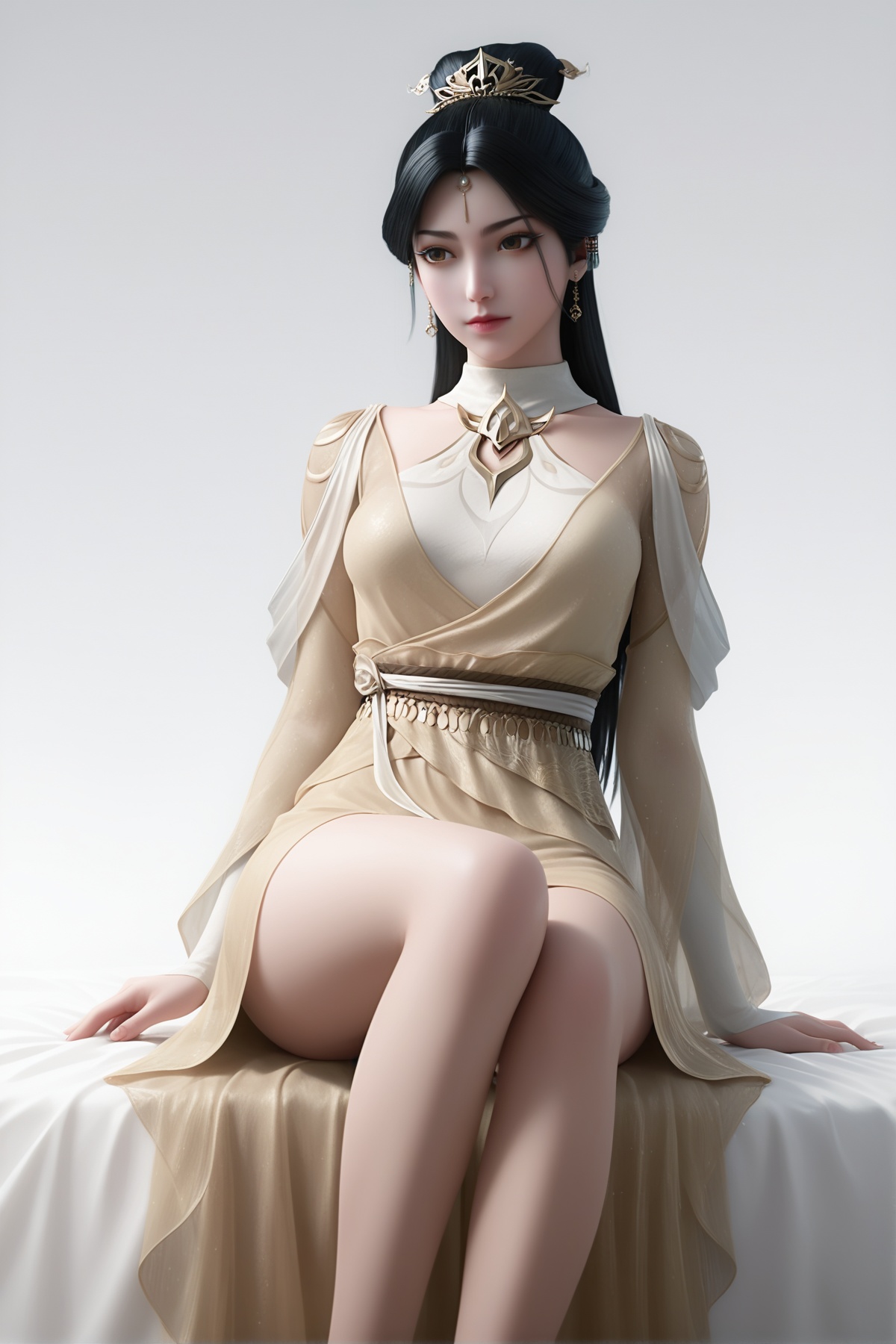 masterpiece,best quality,realistic,cinematic,detail eyes,(ultra-detailed),perfect composition,intricate details,absurdres,detailed face,high quality,high res,8K,<lora:X_caijinjian_IL3.0:0.8>,black hair,brown eyes,1girl,long hair,breast,medium breast,hair_ornament,dress,yellow_dress,bare_legs,sitting,simple background,white_background,bed,looking_at_viewer,