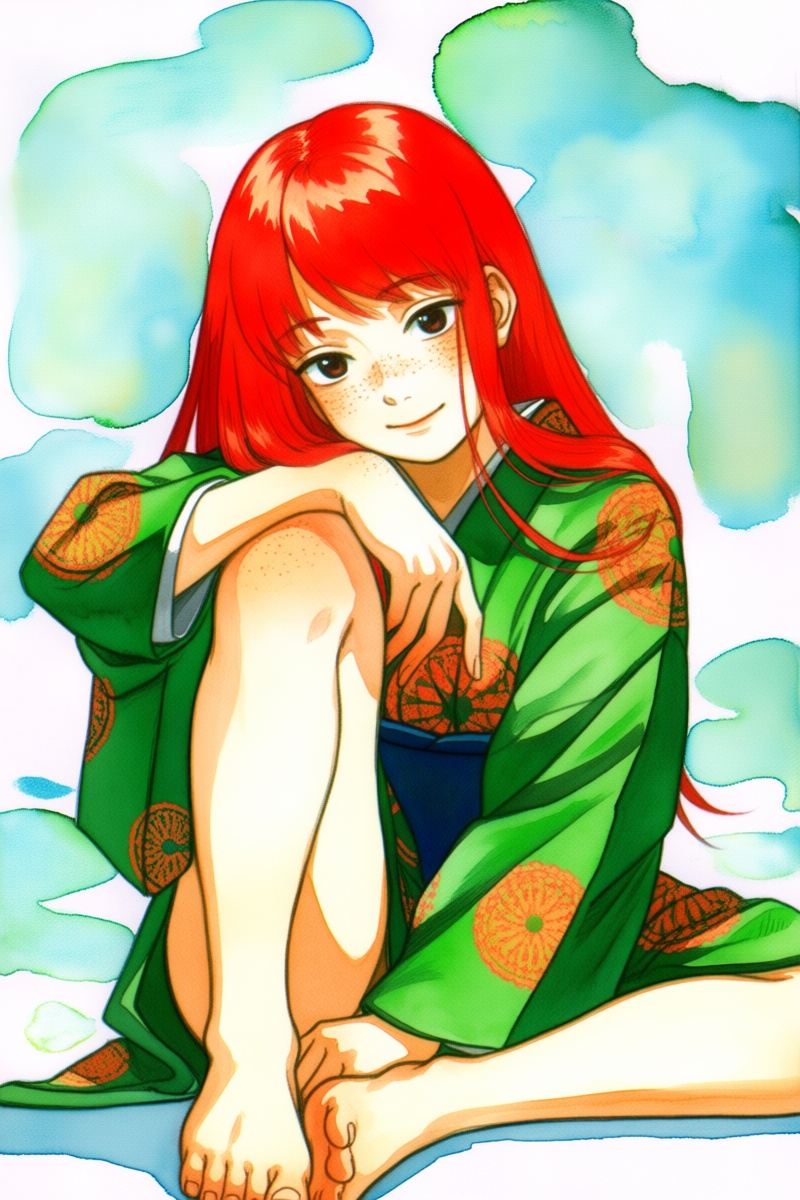 @nnsst,  A watercolor-style drawing depicts a young woman with long,  bright red hair sitting against a blue-green pattern...