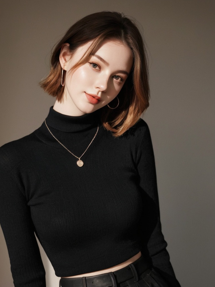breathtaking instagram photo, photo of 23 y.o Chloe in black sweater, cleavage, pale skin, (smile:0.4), hard shadows . award-winning, professional, highly detailed