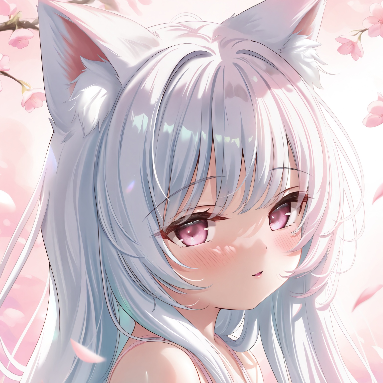 masterpiece,absurdres,best quality,((petite)),loli,high quality,chromatic_aberration,shiny_skin,//,1girl, solo, animal_ears,white_hair, long_hair, light_pink_eyes,upper_body, portrait, head_and_shoulders, close-up,sleeveless_dress, pastel_colors,looking_at_viewer, soft_smile,blush, parted_lips,flowers, petals, spring,bright_background, soft_light,depth_of_field, airy_feeling,illustration, high_detail, masterpiece//,<lora:kokuto_(kurousagi1210)——【CKXL】hans:0.88>,