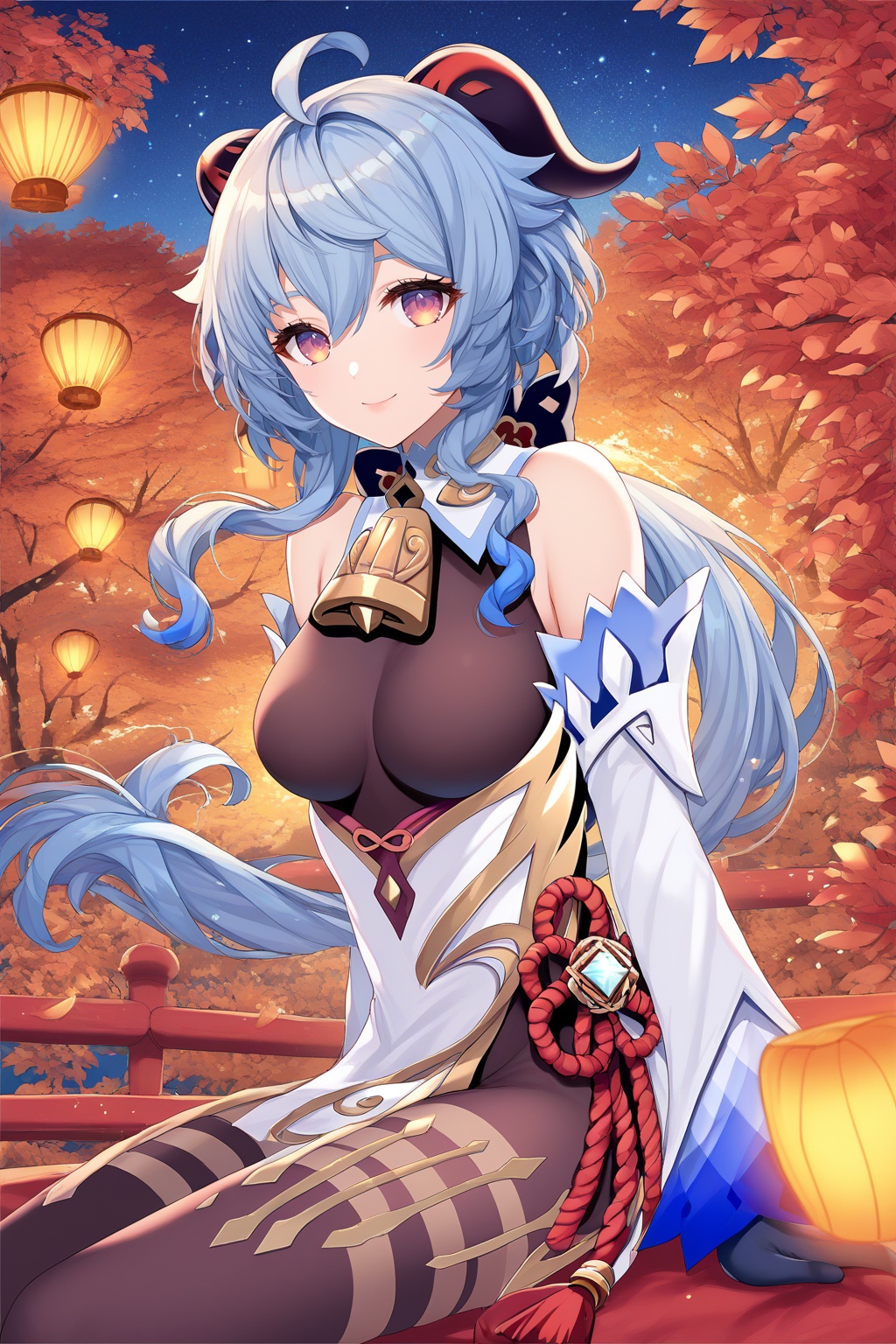 score_9,score_8_up,score_7_up,score_6_up,source_anime,source_cartoon,<lora:ganyuTuPONYXL-000008:1>,ganyu \(frostdew trail\), ganyu \(genshin impact\), 1girl, solo, white sleeves, horns, blue hair, breasts, long hair, looking at viewer, neck bell, sitting, purple eyes, black gloves, bare shoulders, lantern, medium breasts, smile, night, sidelocks, gold trim, black bodystocking, outdoors, thighlet, sky, night sky, low ponytail, black bodysuit, backless outfit