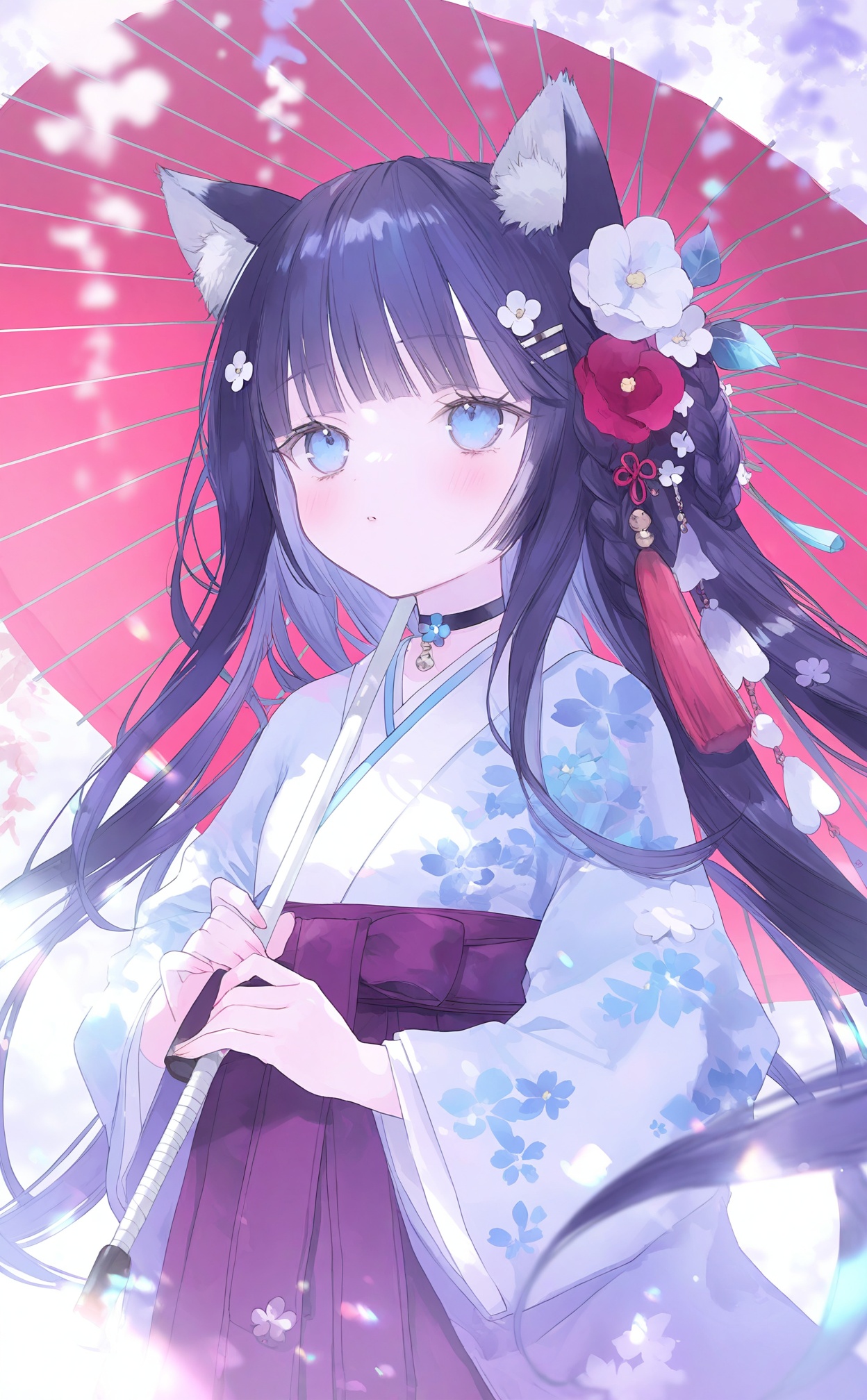 masterpiece,absurdres,best quality,loli,petite,high quality,chromatic_aberration,//,best, 1girl, solo, umbrella, oil-paper umbrella, hair ornament, japanese clothes, black hair, flower, holding, long hair, kimono, holding umbrella, red umbrella, hair flower, animal ears, blue eyes, wide sleeves, tassel, hakama, upper body, floral print, long sleeves, blue flower, hakama skirt, white kimono, skirt, red flower, white flower, print kimono, very long hair, blurry, closed mouth, pink flower, parted lips, cat ears, blurry foreground, purple hakama, depth of field, choker, floating hair, hairclip, blunt bangs, looking up, pink umbrella, looking at viewer, black hakama, chinese zodiac, tassel hair ornament, sash, obi, transparent, nail polish, blush, ribbon, jewelry, fingernails, purple flower, braid, bow, blue hair, bell, blue kimono, necklace, animal ear fluff, hanfu, purple theme, expressionless, outdoors, hair ribbon, new year//,<lora:guimao2025.10.24——【noob】hans:1>,