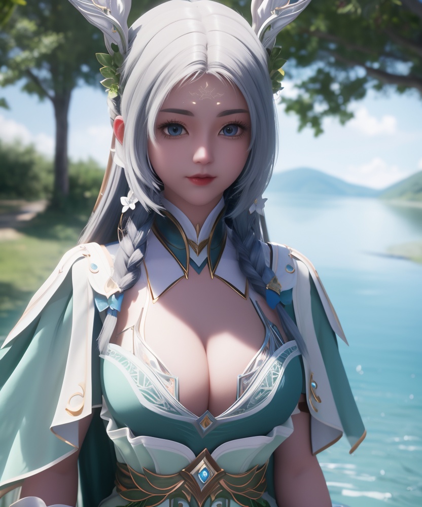 <lora:509-DA-神印王座-夜小泪:0.8>(,1girl, ,best quality, ),looking at viewer,  ,ultra detailed 8k cg, ultra detailed background,  ,masterpiece, (( , )) , lake,upper body,   (cleavage), (),