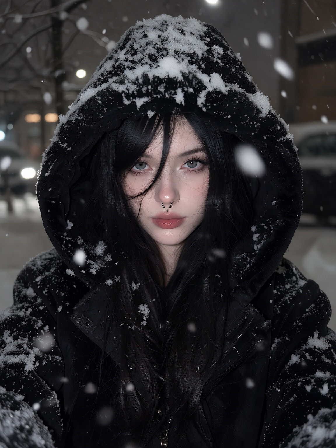 Ultra-realistic winter selfie of a pale girl with long straight black hair,  wearing an oversized black faux-fur hood cove...