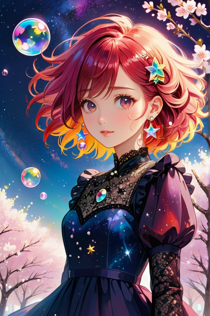 Best quality,masterpiece,(ultra-detailed), (illustration), 1girl, mixed-blood, stars in the eyes, cherry blossoms, messy floating hair, crystal earrings, colored inner hair, Starry sky adorns hair, (colorful Bubble), (pearl), (Galaxy), depth of field, upper body, lace-trimmed dress