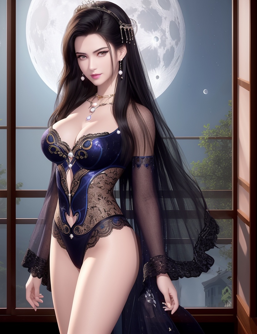 ultra realistic 8k cg, picture-perfect face, flawless, clean, masterpiece, professional artwork, famous artwork, cinematic lighting, cinematic bloom, perfect face, beautiful face, fantasy, dreamlike, unreal, science fiction,  beautiful clothes, lace, lace trim, lace-trimmed legwear,  (rich:1.4), prestige, luxury, jewelry, diamond, gold, pearl, gem, sapphire, ruby, emerald, intricate detail, delicate pattern, charming, alluring, seductive, erotic, enchanting, hair ornament, necklace, earrings, bracelet, armlet,halo((,1girl, pov,))(((,window, 1girl, solo, moon, breasts, indoors, cleavage, black_hair, round_window, hair_ornament, long_hair, jewelry,looking at viewer, ))) <lora:DA_CaoNvYao:0.6>