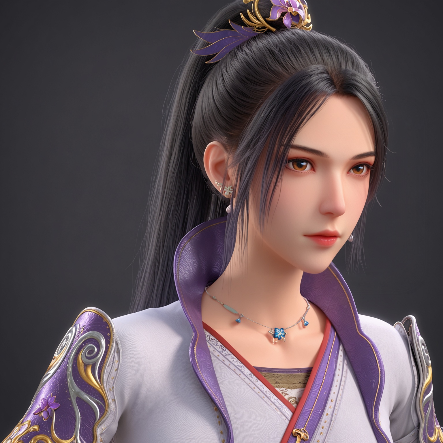 <lora:YQponynangongxierV2:0.8>,q1528437228,solo,1girl,black hair,jewelry,necklace,hair ornament,long hair,earrings,ponytail,realistic,dress,brown eyes,chinese clothes,thighhighs,long sleeves,hair bun,single hair bun,boots,sash,bracelet,high ponytail,brown hair,high heels,japanese clothes,shoes,BREAK score_9,upper_body,portrait,shiny_skin,looking at viewer,cinematic lighting,volumetric lighting,solo focus,(huge breasts:0.9),(simple background,pure black background,black background:1.1),