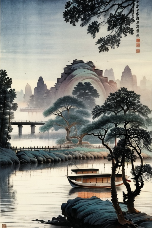 Jianghu sentiment, Landscape Ink Painting, 1boy, outdoors, sky, water, from behind, tree, night, scenery, branch, watercraft, bare tree, boat