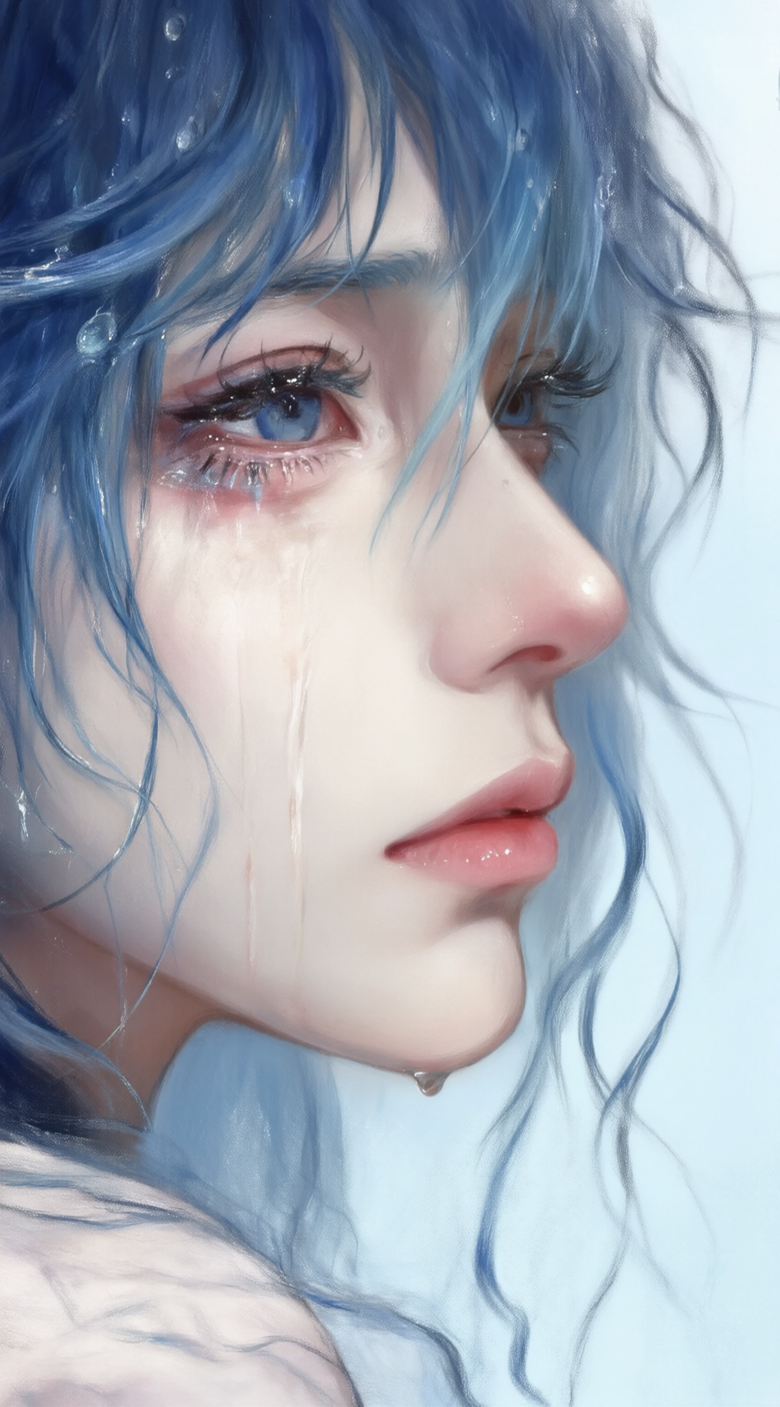 a close-up digital illustration shoot from a profile camera angle about a close up portrait of a girl with blue hair,tears streaming down her face,in an anime-inspired style with soft pastel colors,the image also shows water droplets on her face and a light blue background,on the middle of the image,a young woman appears to be in her early twenties,with long,wavy blue hair that falls down her back,and her blue eyes are looking to the side,she has a serious expression,with her closed mouth and parted lips visible,her blue hair is wet and droplets of water are visible on her eyelashes and eyelashes,adding to the emotion of the scene,her skin is pale and smooth,with a slight blush on her cheeks,giving her a soft and delicate appearance,the overall mood is somber and melancholic,, Negative prompt: ng_deepnegative_v1_75t,(badhandv4:1.2),EasyNegative,(worst quality:2),,nsfw, Steps: 30, Sampler: Euler, CFG scale: 4.0, Seed: 742485999, Size: 1142x2048, Model hash: 9768b098f7, Model: ZOZ_千问大模型~超强泛化改良版_v1.0.safetensors, Denoising strength: 0, RNG: CPU, Lora 1: ZOZ_厚涂水彩~千问, Lora Hash 1: 68a42c4795, Lora Weight 1: 0.8, vae_name: automatic