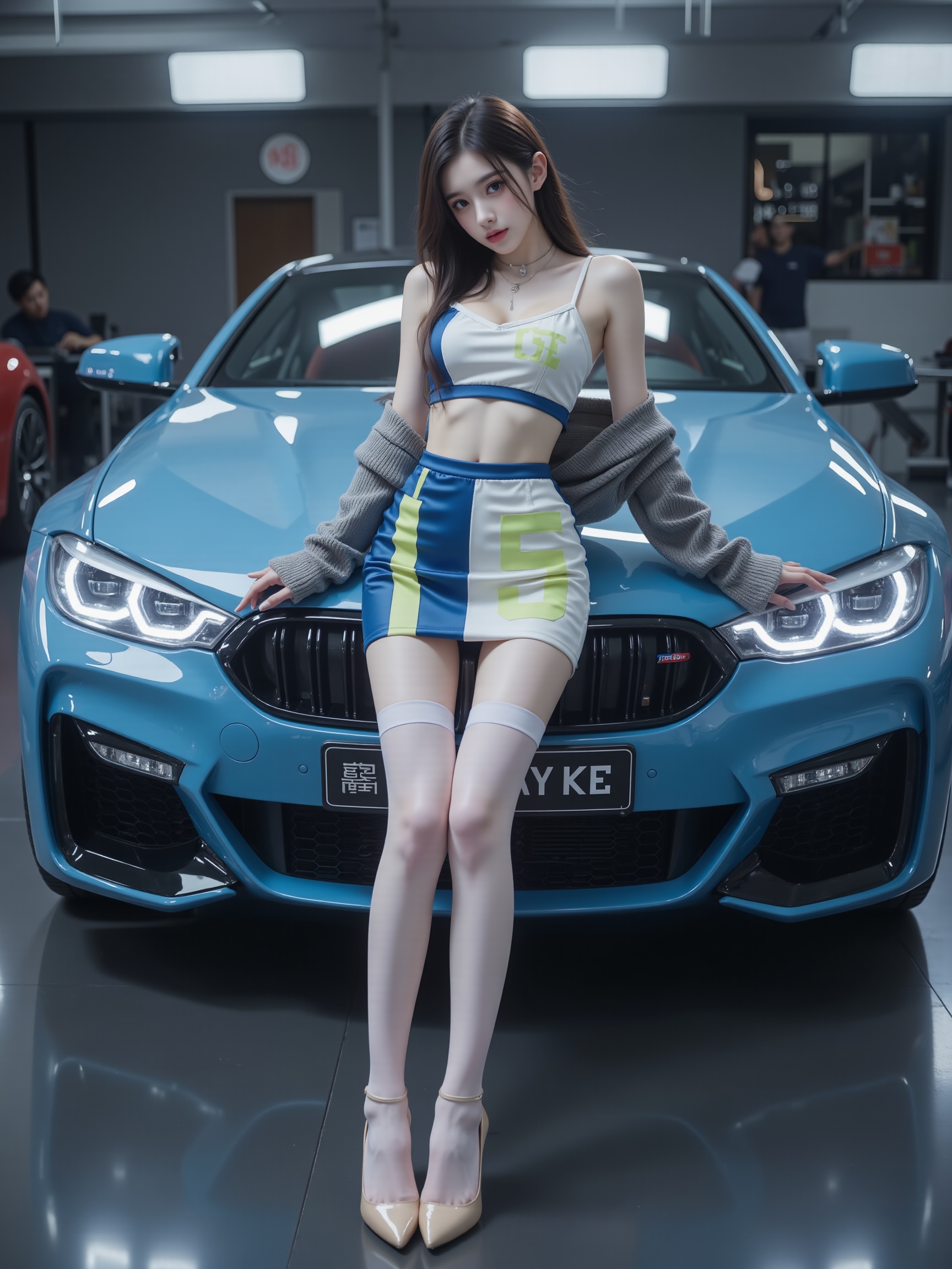 TENKAI Haute couture dress,thighhighs,long legs, 1girl,solo, white thighhighs,blue and white skirt,The number "BMW" is prominently displayed in green Fluorescent on the front of the crop top,garter straps,cropped jacket, This is a high-resolution portrait of a modern style,featuring a young woman. ,In this dynamic display scene,a model stands in front of a beautifully designed high-end sports car with a posture that is both elegant and powerful,perfectly complementing the vehicle she is showcasing. The sports car catches everyone's eye with its streamlined design and dazzling body colors,while the model adds life to the moment with her charm and confidence. The car model wears a simple and fashionable dress that shows her professional image without losing her feminine beauty. Her clothing echoes the colors and designs of the sports car,creating a harmonious yet engaging visual effect. Her hair,gently combed and falling over her shoulders,set off against her delicate makeup,showing her elegance and sophistication. Her eyes are firm and confident,as if telling the story behind the sports car and the speed and passion it represents. She leaned gently in front of the car,one hand touching the front,the other hand drooping. This pose not only shows her familiarity and closeness to the car,but also her professionalism and pursuit of perfect presentation., Featuring daily style, rich details, authentic skin details, ultra-high resolution, 32K UHD, best quality, masterpiece, exquisite details, delicate details, natural textures, soft lighting, sharpness, masterpiece, best quality (ray tracing), surrealism, photo realism, epic realism, this is a truly high-definition photo, stacked into composition, diagonal composition, complex details, epic, photo realism ,Soft light source, color correction, white balance,