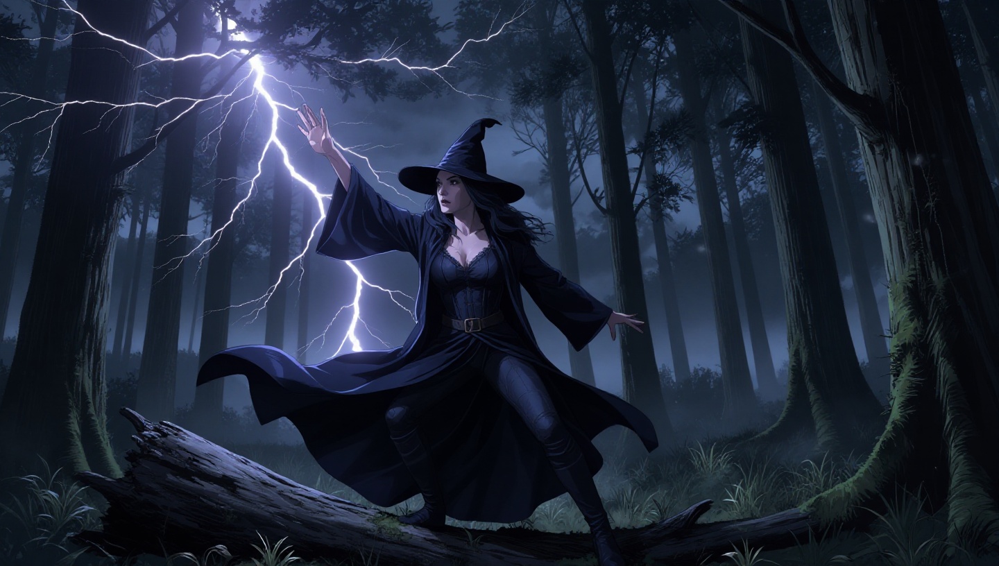 Witch casting spell in stormy forest,  lightning crackling on Tensor.Art
