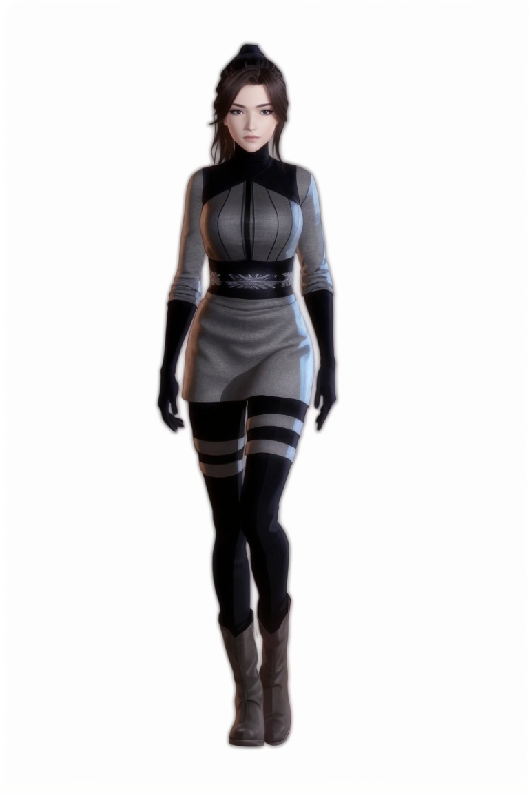 ((HRD, HUD, 8K)),((masterpiece, best quality)), highly detailed, soft light,1girl, solo, black hair, brown hair, long hair, ponytail, lips, black eyes, breasts, bodysuit, armor, gloves, boots,simple background, white background, full body, long legs, standing, looking at viewer,  <lora:20240504-1714817809601:0.72>