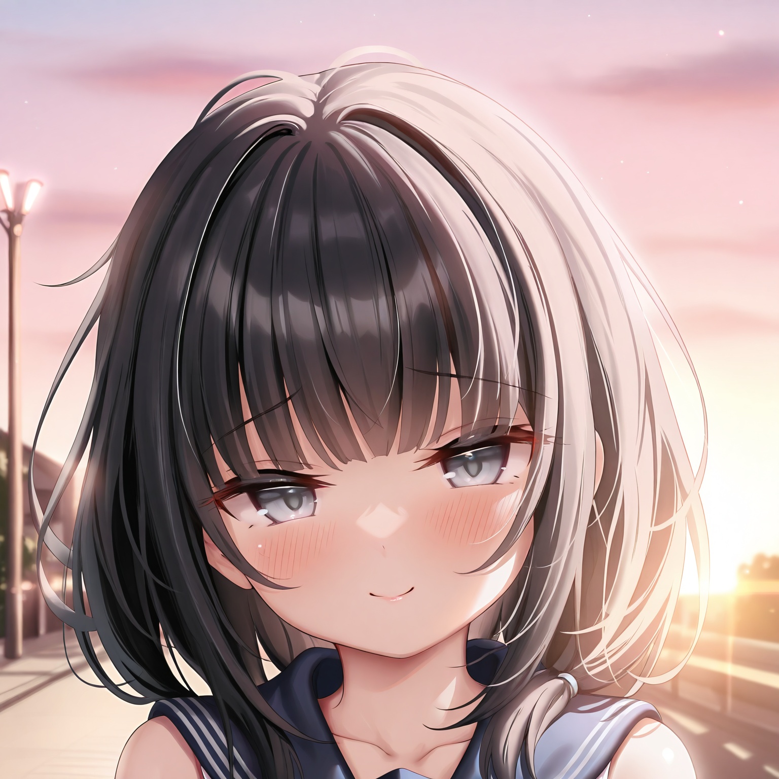 masterpiece,absurdres,best quality,((petite)),loli,high quality,chromatic_aberration,shiny_skin,//,1girl, solo,medium_hair, black_hair, grey_eyes,upper_body, portrait, head_and_shoulders,school_uniform, sailor_collar,looking_at_viewer, relaxed_expression,soft_smile,evening_light, sunset,street_background, suburban,depth_of_field, warm_tone,anime_style, high_detail, masterpiece//,<lora:kokuto_(kurousagi1210)——【CKXL】hans:0.88>,