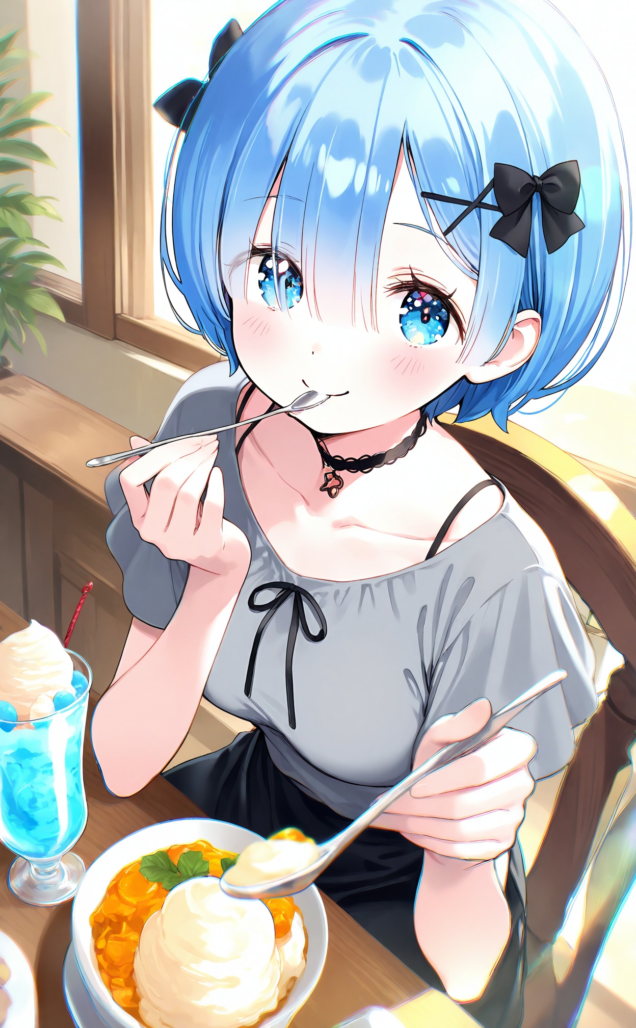 masterpiece,highres,absurdres,newest,best quality,high quality,chromatic_aberration,//,1girl,rem \(re\:zero\),blue eyes,blue hair,short hair,solo,blush,food,hair ornament,x hair ornament,spoon,sitting,shirt,skirt,holding,ice cream,looking at viewer,indoors,bow,hair bow,breasts,eating,choker,black skirt,holding spoon,chair,hair over one eye,smile,black bow,eyes visible through hair,collarbone,short sleeves,grey shirt,ribbon,table,alternate costume,hair between eyes,//,//,<lora:chun_paretto——【noob】hans:0.8>,