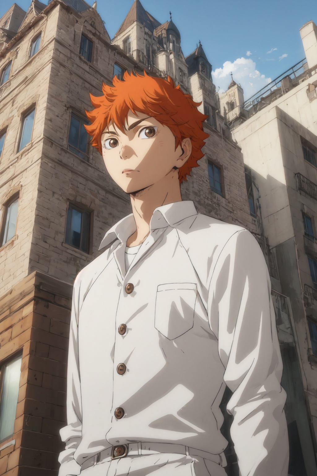 <lora:Hinata:0.8>,Hinata CYQL,1boy,male focus,looking at viewer,solo,orange hair,short hair,brown eyes,burgundy suit, white dress shirt, patterned tie, brown leather oxfords,naughty_face,panorama,from_below,Glass facade, Skyscrapers, Modernity, Reflection, Architecture,masterpiece,best quality,