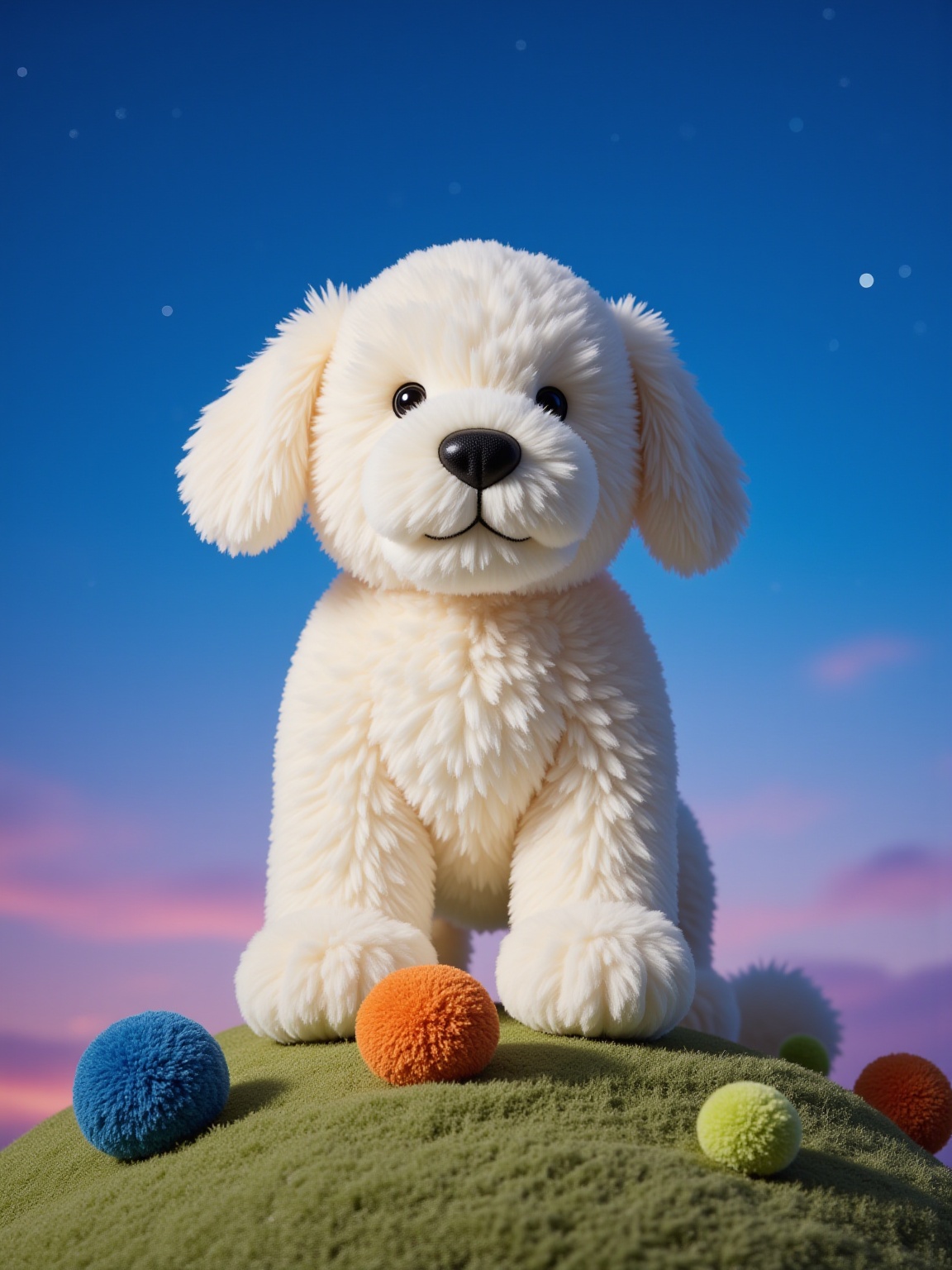 YY_plush,A whimsical photo of a large,white,knitted dog sculpture standing on a textured,knitted hill under a gradient sky that transitions from deep blue to soft twilight purple,with tiny stars faintly twinkling above. The dog has a round black nose,two floppy ears,and a friendly expression. The hill features three small,colorful balls—one blue,one orange,and one green—that add a touch of playful color. The low-angle shot makes the dog appear grand against the magical sky,creating a cheerful,surreal atmosphere with bright,even lighting for a cozy,enchanted look.,<lora:YY-毛绒F.1:1>,