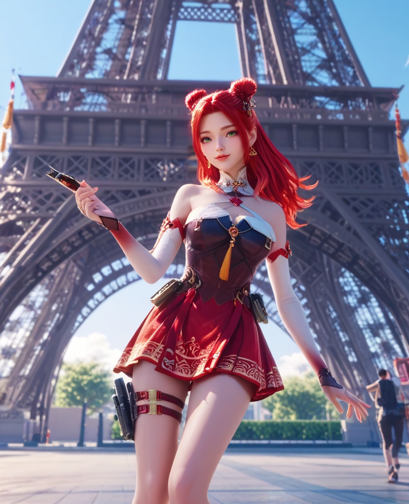 (oriental architecture, elegant decor, sophisticated style:1.1),(breakdance freeze:1.1),(breasts:1.2),<lora:XL16穿越火线二胡少女虹儿:0.95>,miss honger,chocolate  bodice,(red miniskirt:1.2),green eyes,red hair,long hair,double bun,earrings,jewelry,bare shoulders,bridal gauntlets,ring,thigh strap,black footwear,, score_9,score_8_up,score_7_up,score_6_up,score_5_up,score_4_up,3d rendering,tag1,tag2, Cinematic Lighting,backlighting,, zPDXL3, zPDXL2,zPDXL, zPDXLxxx, zPDXLrl,