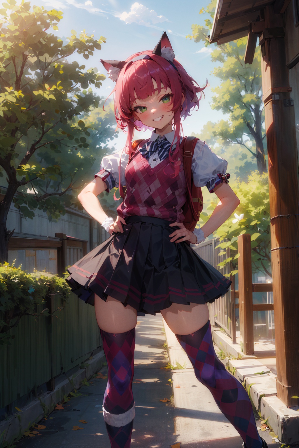 (masterpiece, best quality, highres, detailed,:1.4), 1girl, solo, a beautiful masterpiece portrait of a girl , standing, contrapposto, hand on hip, she is wearing a headband with fake cat ears, ,(short hair, fake animal ears, cat ears, hairband, green eyes, bangs, blush, red hair, purple hair, skirt, short sleeves, juliet sleeves, puffy short sleeves, puffy sleeves, shirt, pleated skirt, striped, socks, kneehighs, loose socks, purple skirt, blunt bangs, striped legwear, sweater vest, argyle, argyle sweater, school uniform, backpack, randoseru, sidelocks, short hair with long locks, shoes, mary janes, leg warmers, :1.1), (petite, skinny, outdoors, ambient lighting, sunlight, :1.0), colorful, vibrant, straight hair, looking at viewer, smirk, smug, grin, fang, evil smile,