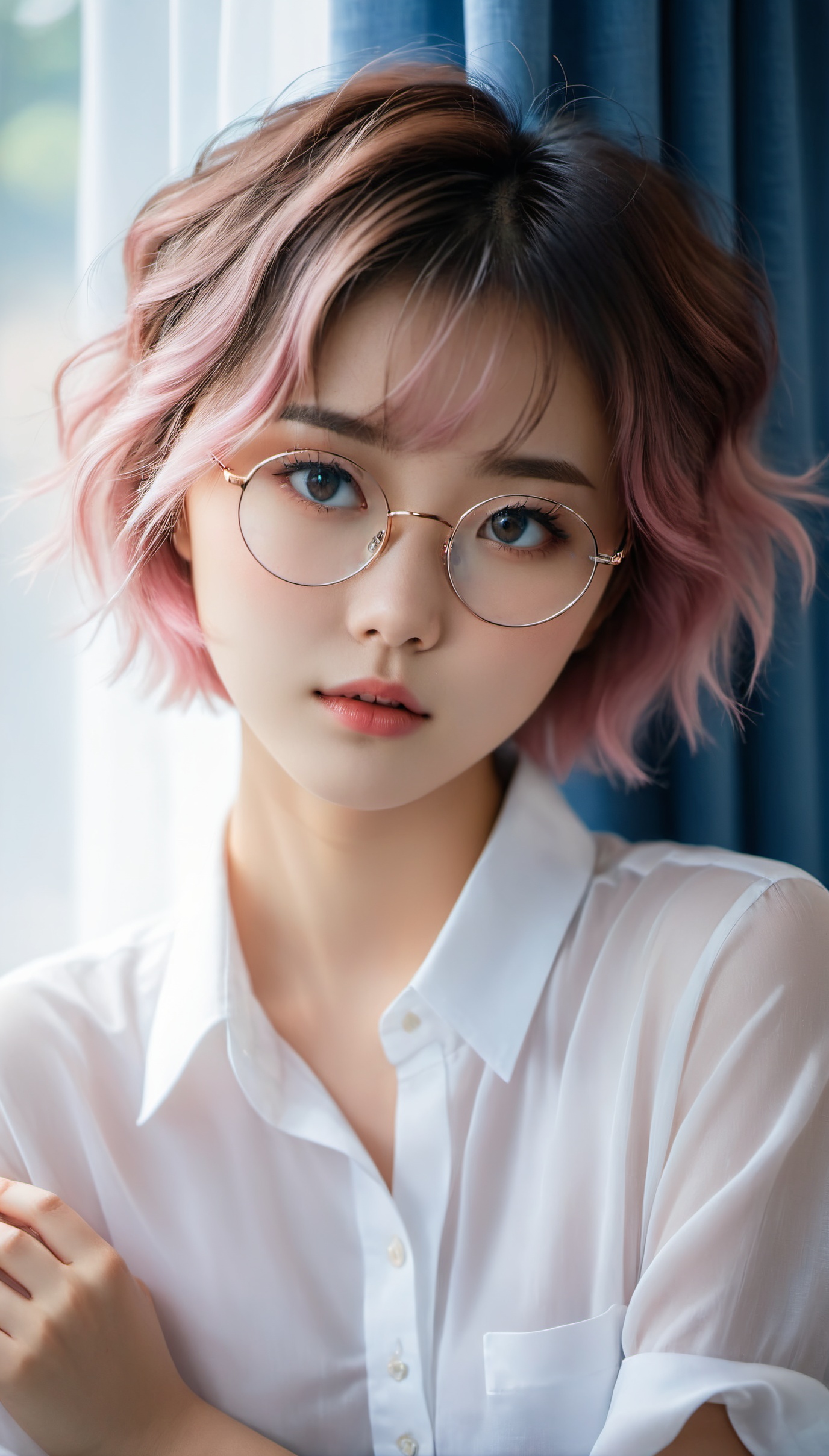 cinematic photo a 22years old korean girl,  white shirt,  head tilt on Tensor.Art