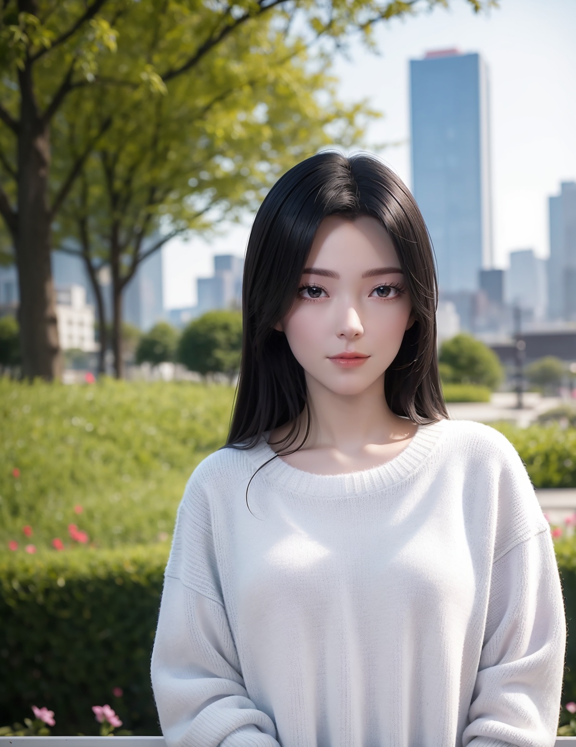 <lora:liushen-000010:0.7>,(liushen original),(upper body),1girl,solo,(white sweater:1.3),cityscape,garden,blurry background,depth of field,