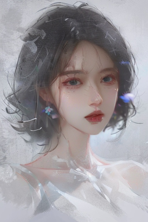 1girl,solo,(front view:1.2),(looking_at_viewer:1.4),(eye-contact:1.4),black hair,short hair,jewelry,realistic,earrings,hair ornament,black eyes,lips,collarbone,parted lips,flower,watermark,upper body,portrait,hair flower,dress,web address,