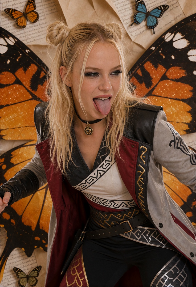 LolaX,  long blonde hair with two small space buns and loose straight lengths. A photorealistic photo of a 25-year-old ***...