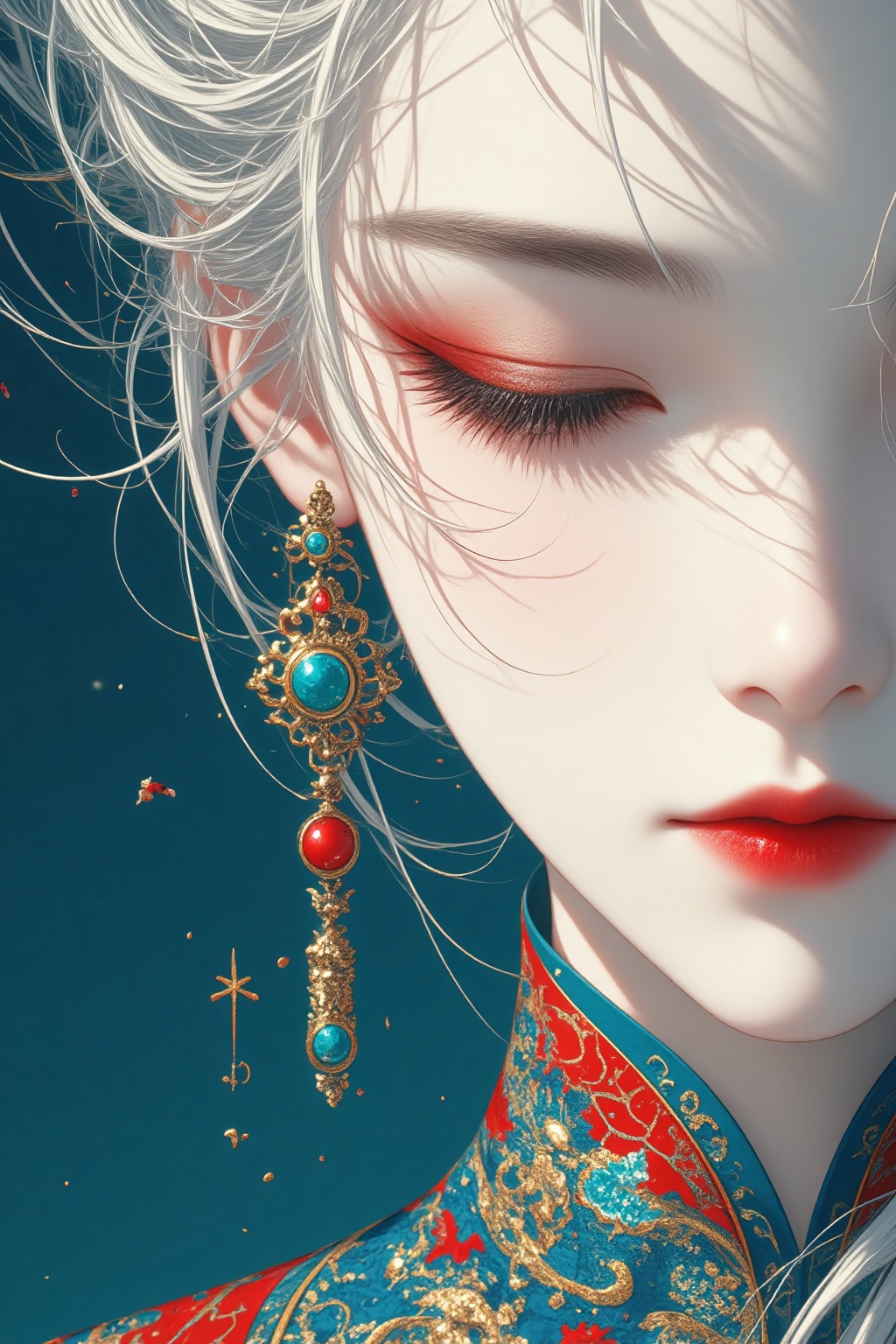 ZOZ_GF,a digital illustration shoot from a close-up camera angle about a close up portrait of a woman with white hair and elaborate earrings,showcasing a dramatic and elegant look,the image also shows a blue background with gold and red patterns,and the woman is wearing a traditional chinese outfit with intricate designs,on the middle of the image,a woman appears to be facing the viewer,with her eyes closed and her eyelashes slightly parted,she is wearing red lipstick and has a pair of earrings with a large blue gemstone in the center,her hair is long and white,and she has a serene expression on her face,her facial features are detailed with a blend of white and red colors,creating a striking contrast with the blue background,