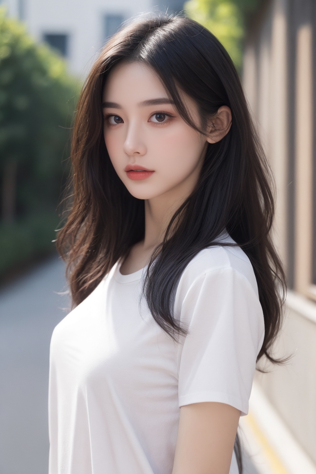 1girl, black hair, brown eyes, building, lips, long hair, looking at viewer, nose, outdoors, realistic, road, shirt, short sleeves, solo, upper body, white shirt  <lora:国际超模脸:0.66>