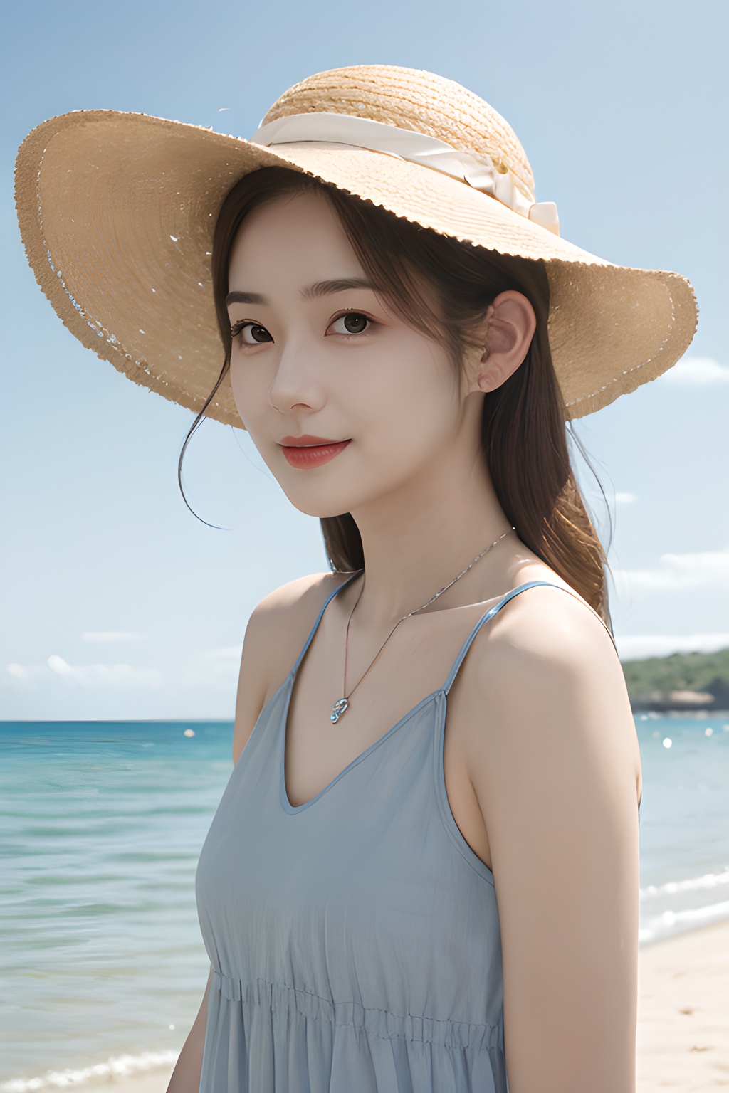 <lora:0805_04:0.7>, <lora:SDXLrender_v2.0:0.8>,mugglelight, araffe girl with long hair wearing a straw hat and blue dress, 1girl, solo, hat, straw hat, long hair, looking at viewer, necklace, jewelry, heart necklace, smile, heart, brown hair, bangs, day, beach, outdoors, upper body, black hair, sunlight, closed mouth, swimsuit, selfie, sky, ocean,, 1girl,realistic,masterpiece, best quality, photorealistic, HDR,detail