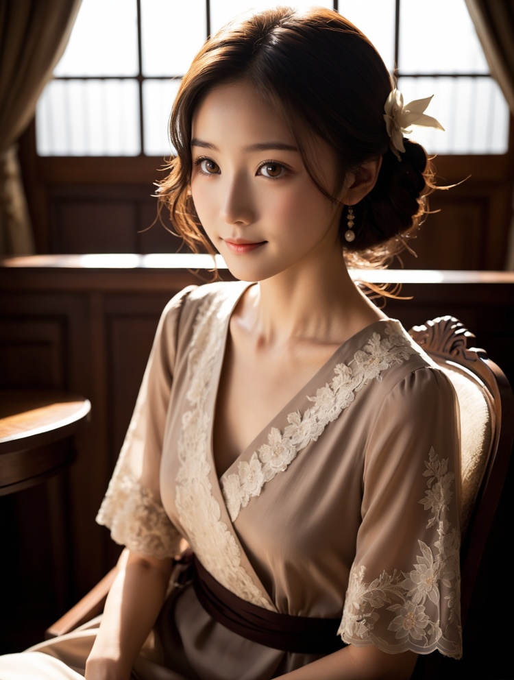 1japanese_woman,(25yo),solo,cute,(brown eyes ,catch light:1.5),natural skin,(brown hair),indoor,(shy smile),sit chair,(thin formal dress),tenebrism,(dramatic lighting:1.2),deep shadows,striking highlights,intense contrast,Baroque influence,