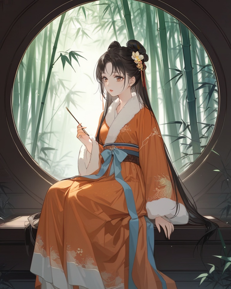 (best quality), ((masterpiece)), (highres), illustration, original, extremely detailed,<lora:Old wind:0.7>licg, 1girl, bamboo, hair ornament, solo, hanfu, chinese clothes, flower, sitting, sash, hair bun, orange dress, long hair, black hair, round window, long sleeves, hair flower, parted lips, window, fur trim, dress, bamboo forest, wide sleeves