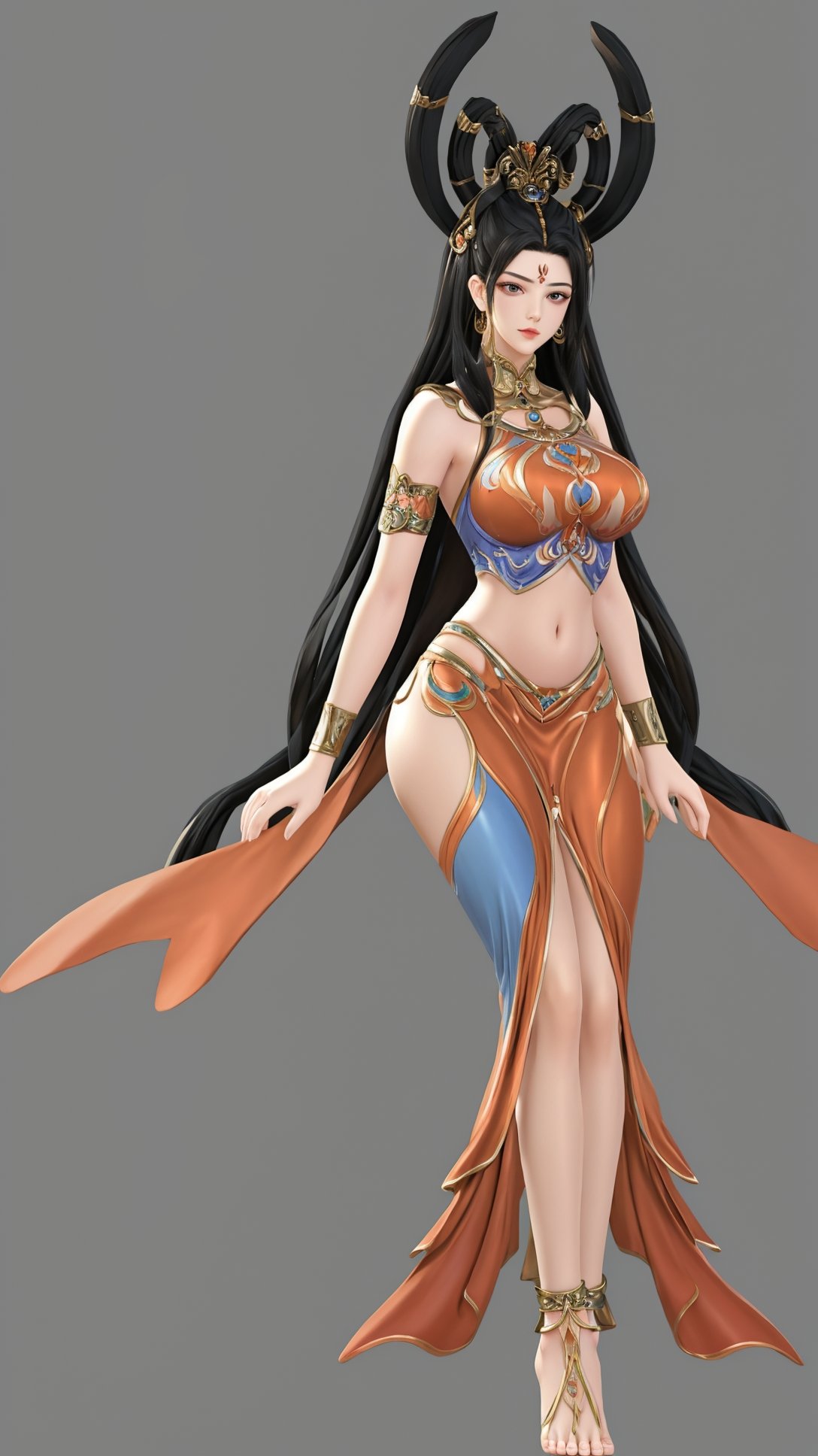 (1girl),smooth chin,masterpiece,detailed face,((hair ornament:1.2)),top quality,4k,make up,best quality,large breasts,(looking at viewer),ribbon,arms behind back,shawl,detached sleeves,forehead mark,legs,on street,full body,sitting on table,<lora:王者杨玉环遇见飞天_v1.0:0.9>,(big hair ring:1.5),hair ribbon,chinese clothes,orange skirt,midriff,anklet,armlet,