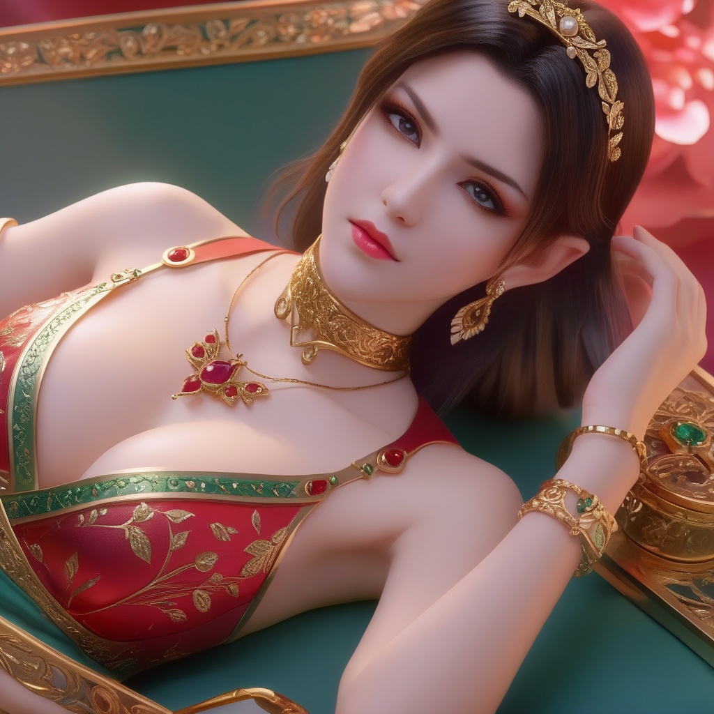 <lora:850-DA-XL-斗破苍穹-美杜莎-红色睡衣:0.8>, (,1girl, ,best quality, ),,masterpiece, ((((1girl, solo , lying, )))) (cleavage),,  (), ,ultra realistic 8k cg,   clean, masterpiece,      (( , )),,  , unreal, science fiction, luxury, jewelry, diamond, gold, pearl, gem, sapphire, ruby, emerald, intricate detail, delicate pattern, charming, alluring, seductive, erotic, enchanting, hair ornament, necklace, earrings, bracelet, armlet,halo,(cleavage),, , (sit),