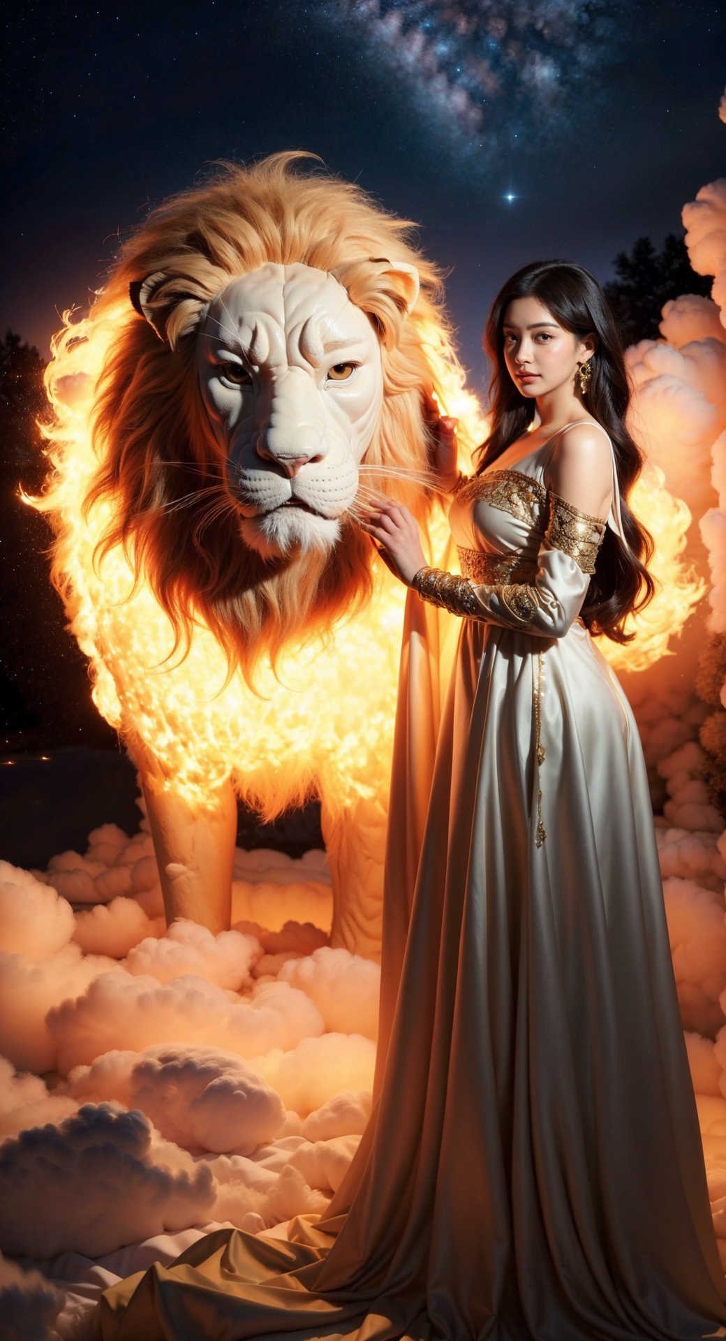 (1 girl), (wearing a gold embroidered dress), with long white hair, standing next to a flame lion. The lion is covered in flames, and the background is starry sky. The girl's gaze is firm, while the lion's gaze is wild and loyal. The entire scene is full of mystery and adventure. A girl with a fiery lion, night sky, stars, courage, determination, mythological creatures, fantasy, adventure, courage, loyalty, grandeur, magic, mystery, beauty (complex details, high resolution), clear focus, dramatic lighting, photo realistic art by Greg Rutkowski, Alphonse Mucha, and Frank Frazetta.